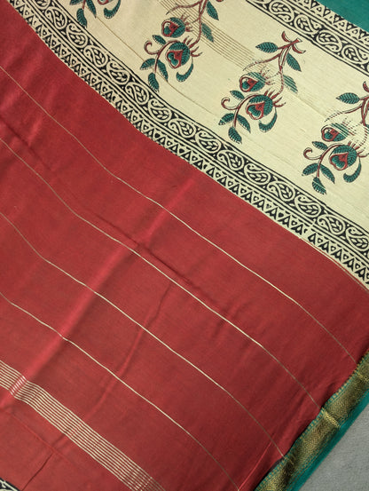 Hand Block Printed Maheshwari Silk - Red w/t Green