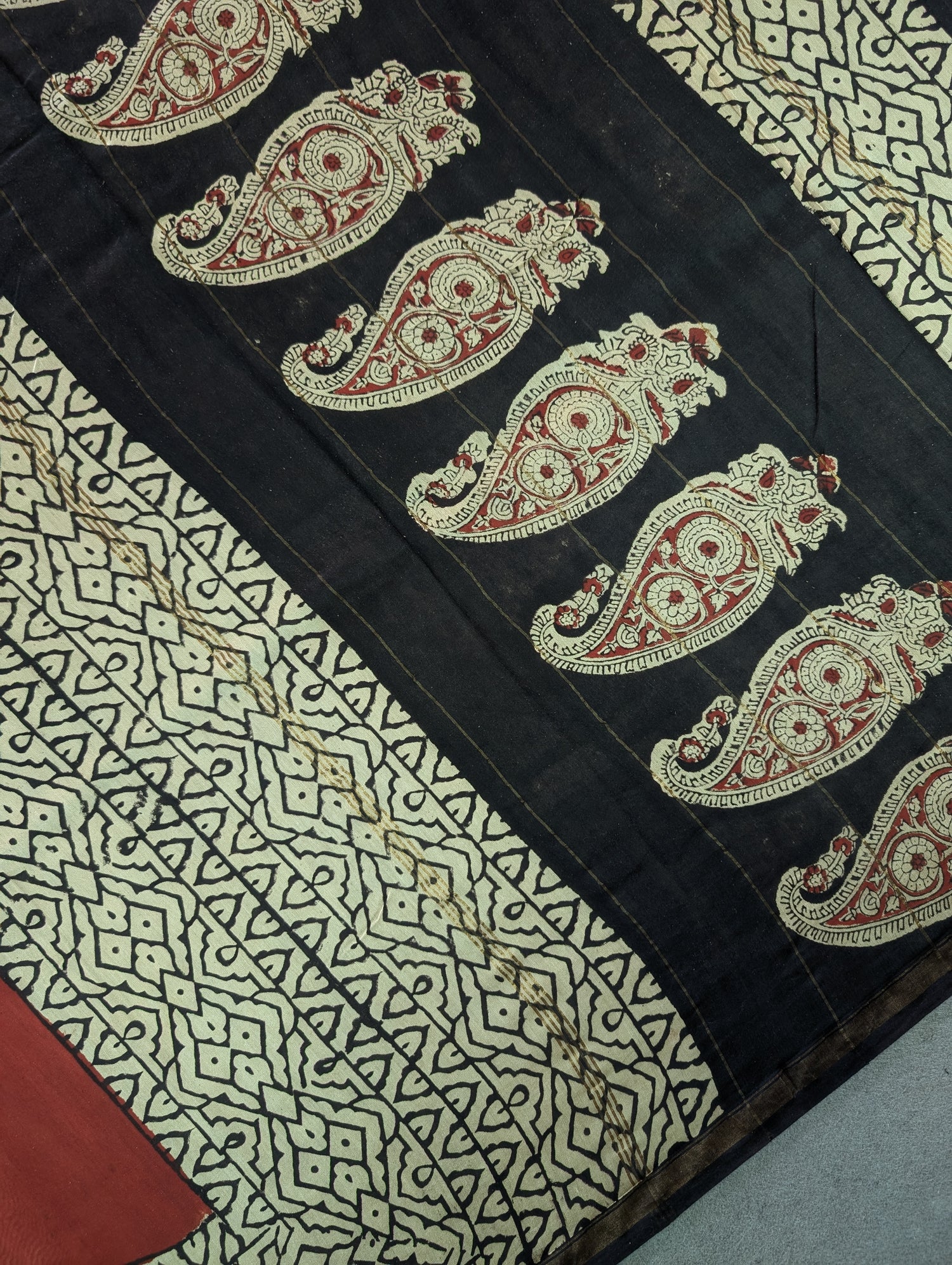 Hand Block Printed Maheshwari Silk - Black w/t Red