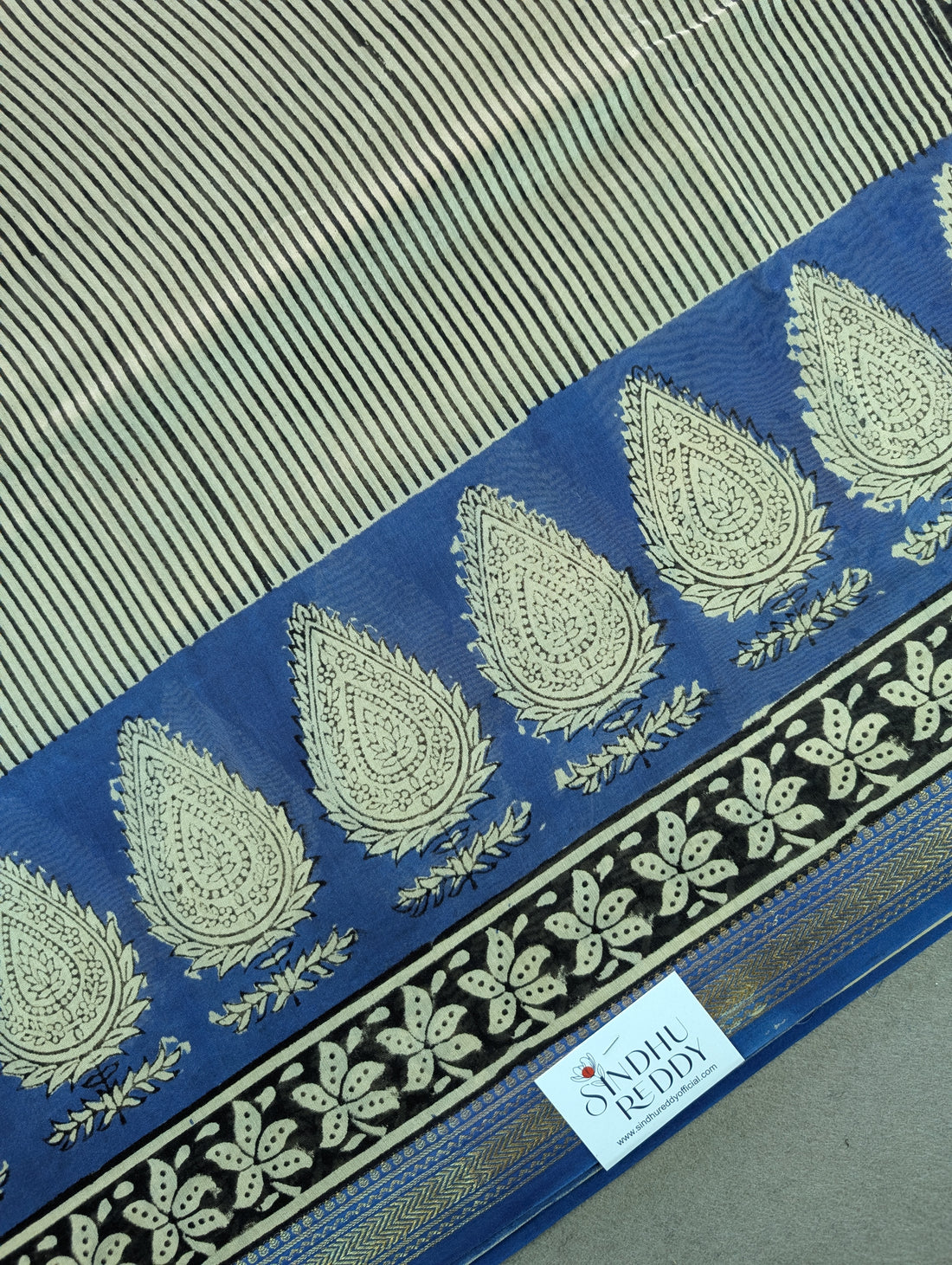 Hand Block Printed Maheshwari Silk - Blue w/t Black