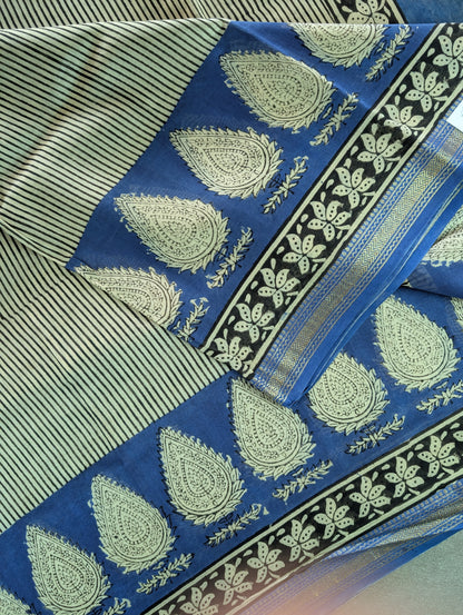 Hand Block Printed Maheshwari Silk - Blue w/t Black