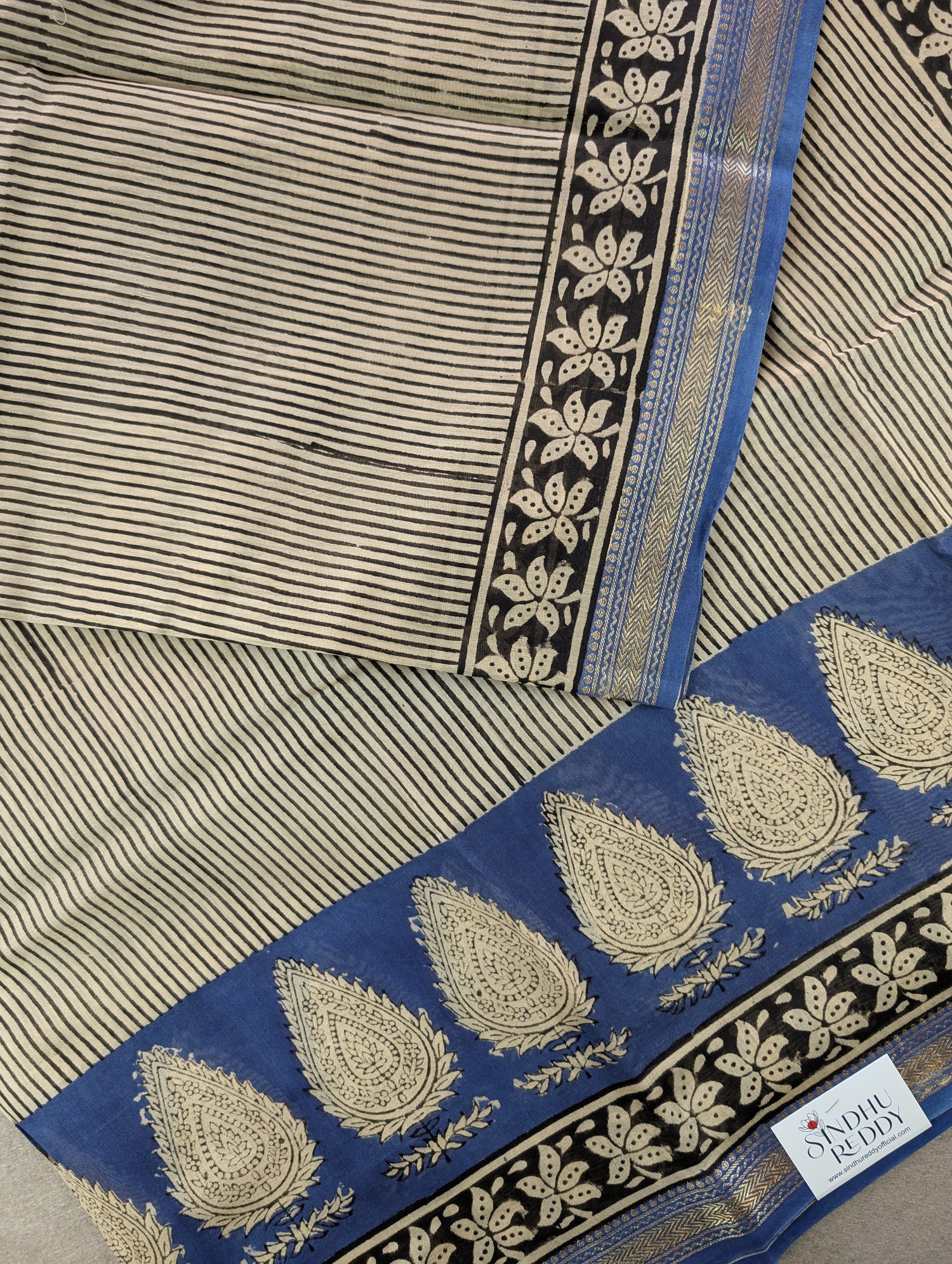 Hand Block Printed Maheshwari Silk - Blue w/t Black