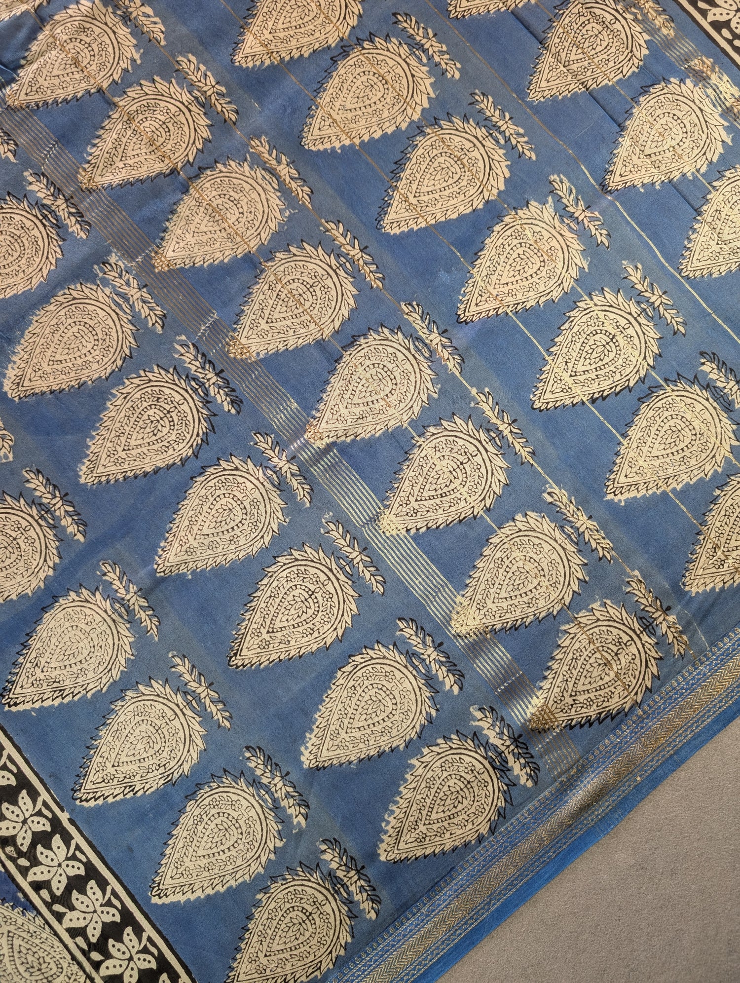 Hand Block Printed Maheshwari Silk - Blue w/t Black