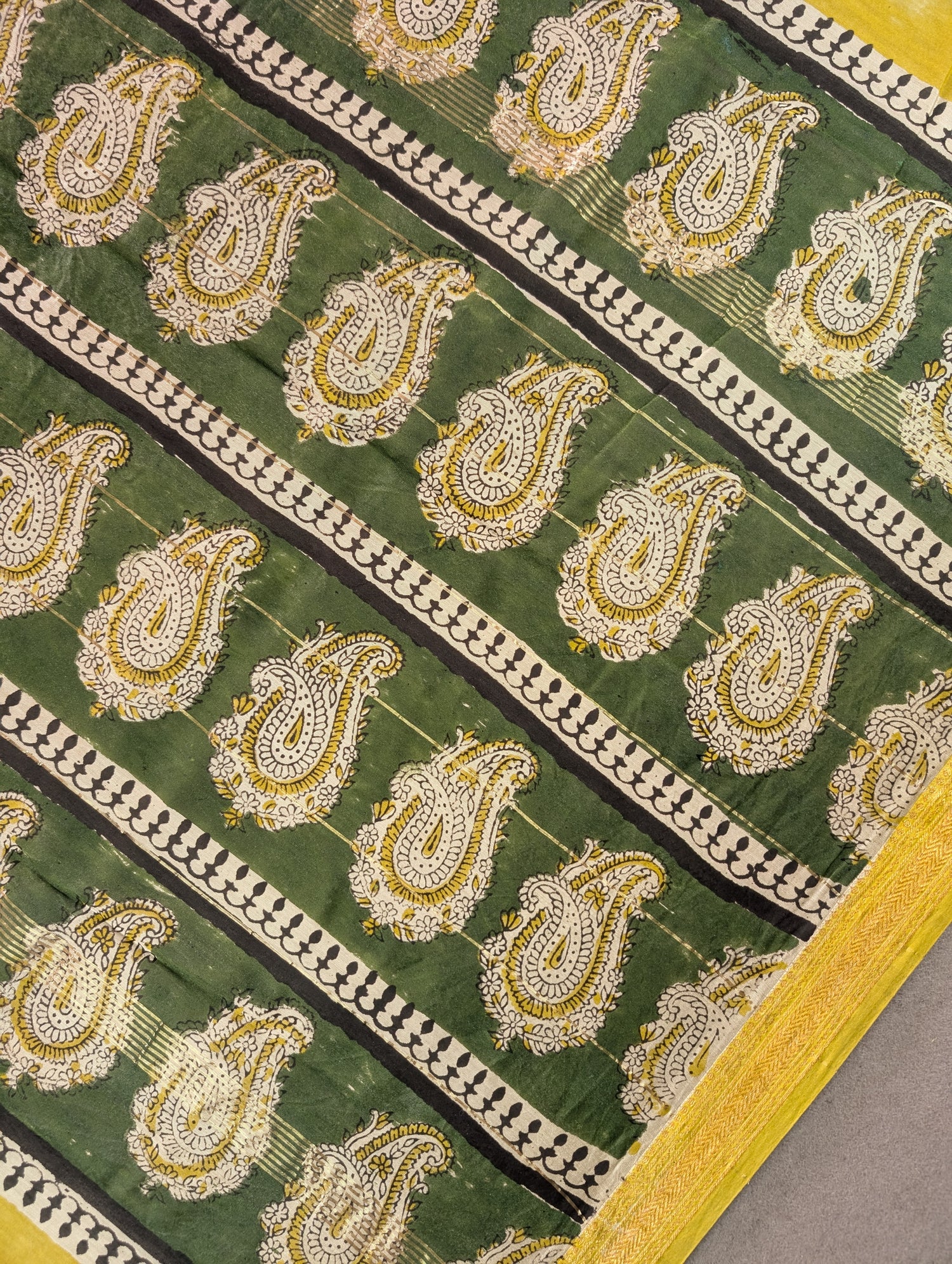 Hand Block Printed Maheshwari Silk - Yellow w/t Green