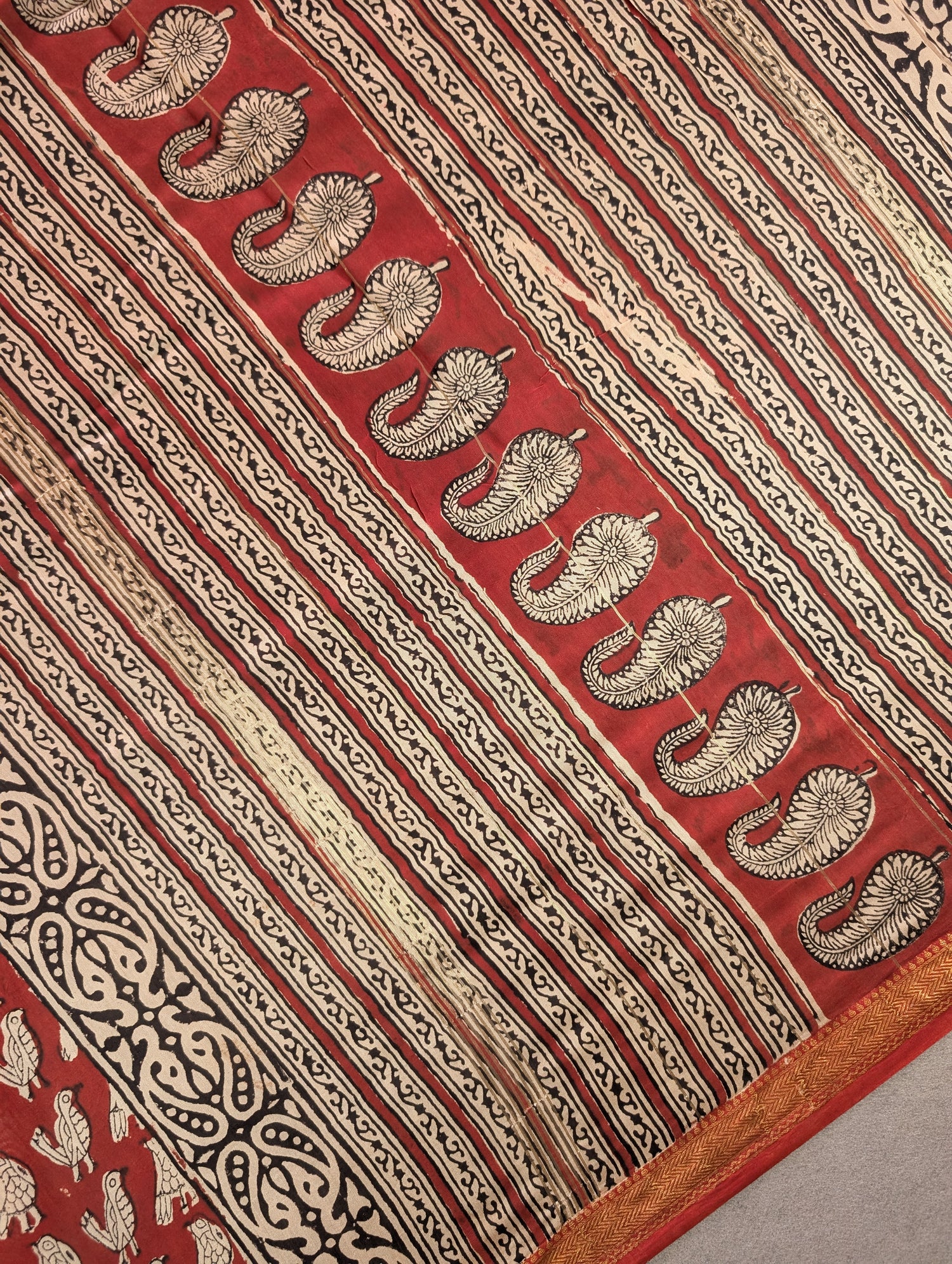 Hand Block Printed Maheshwari Silk - Black w/t Red