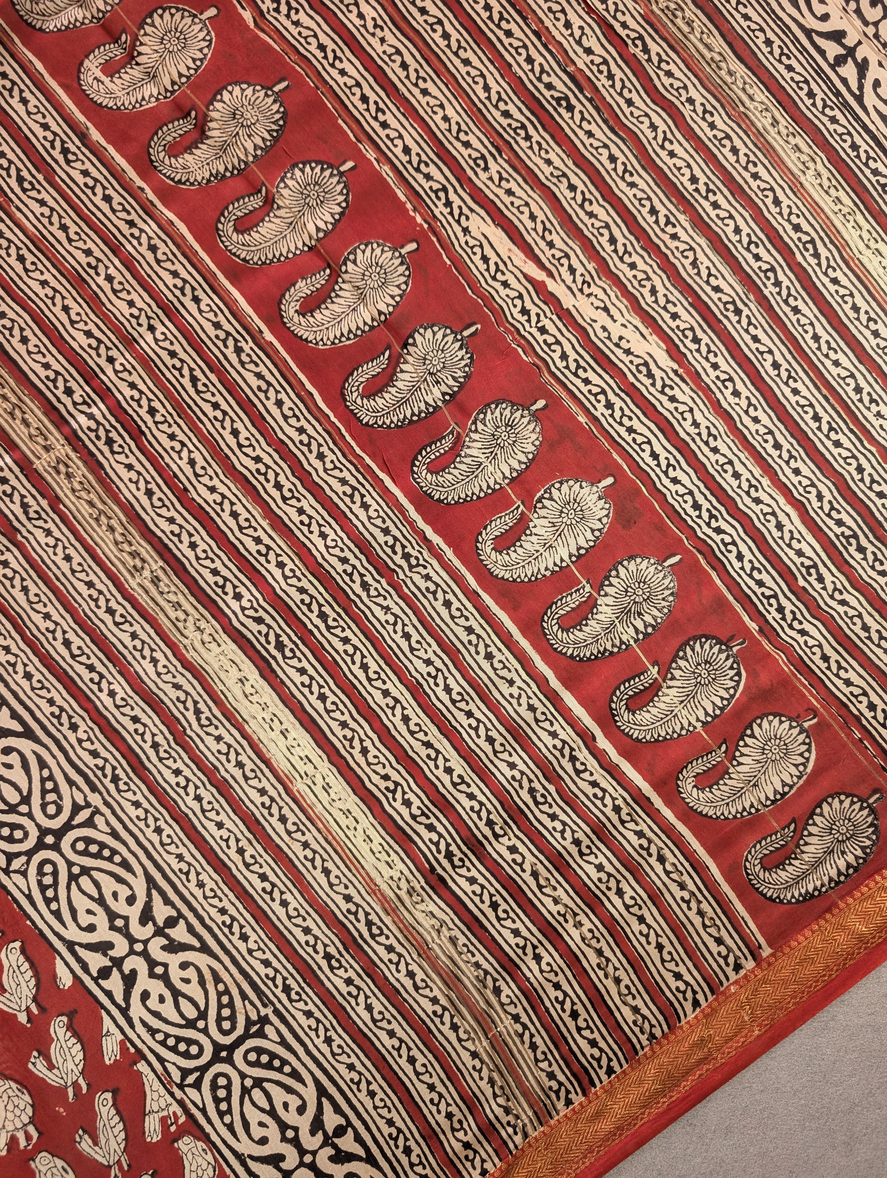 Hand Block Printed Maheshwari Silk - Black w/t Red