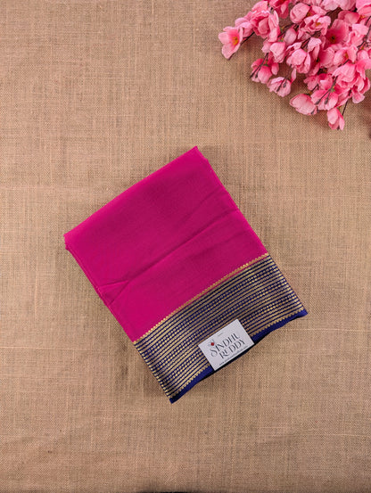 Pure Mysore Silk Crepe - Rani Pink with Blue