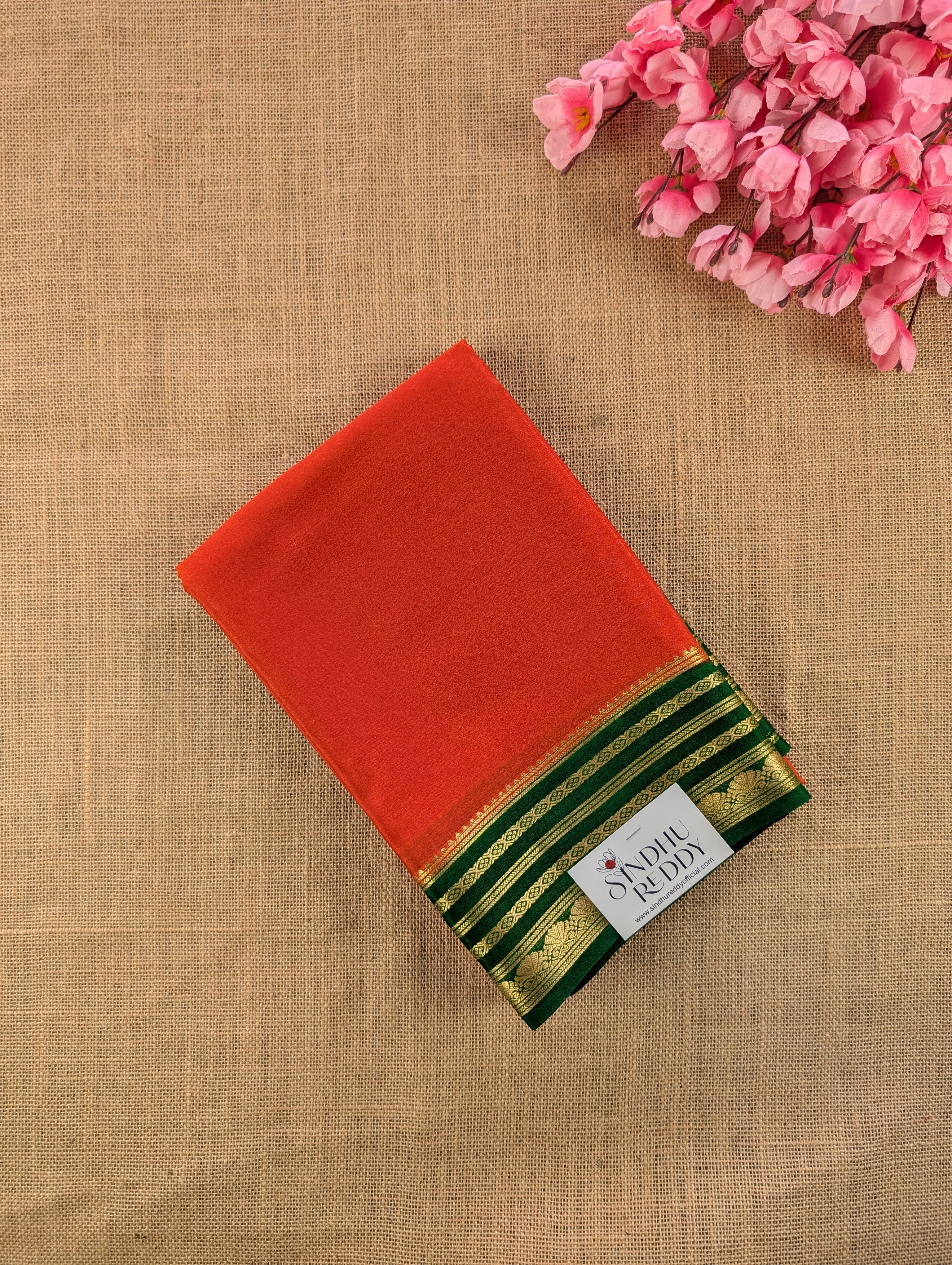 Pure Mysore Silk Crepe - Burnt Orange with Green