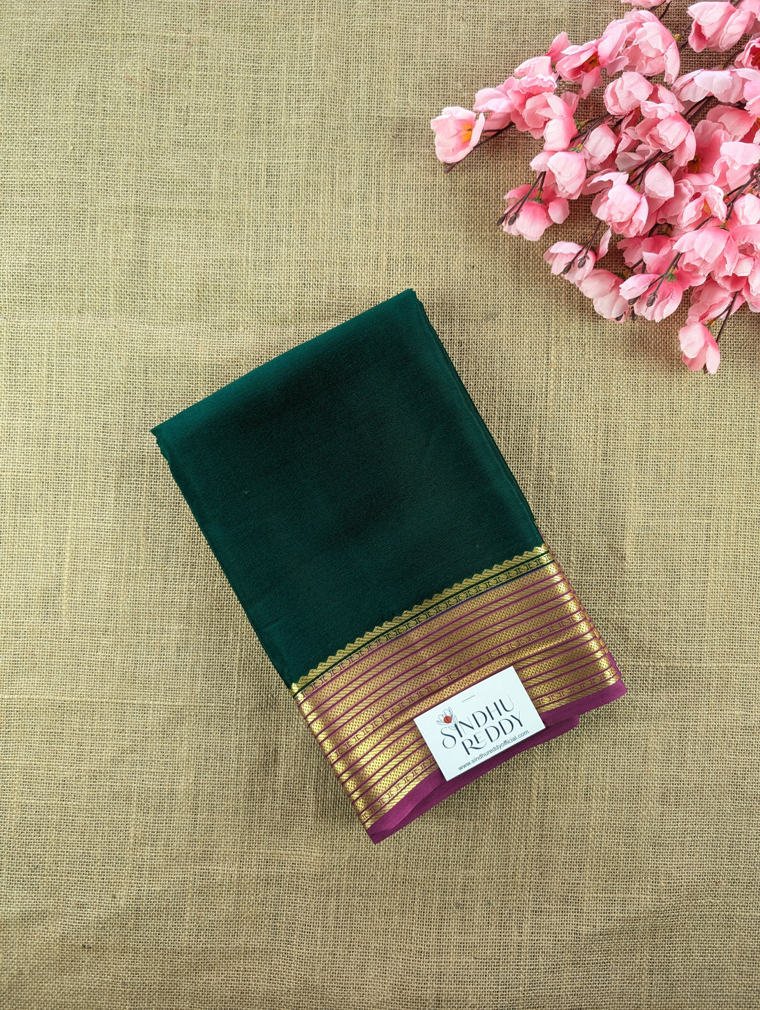 Pure Mysore Silk Crepe - Bottle Green with Purplish Pink