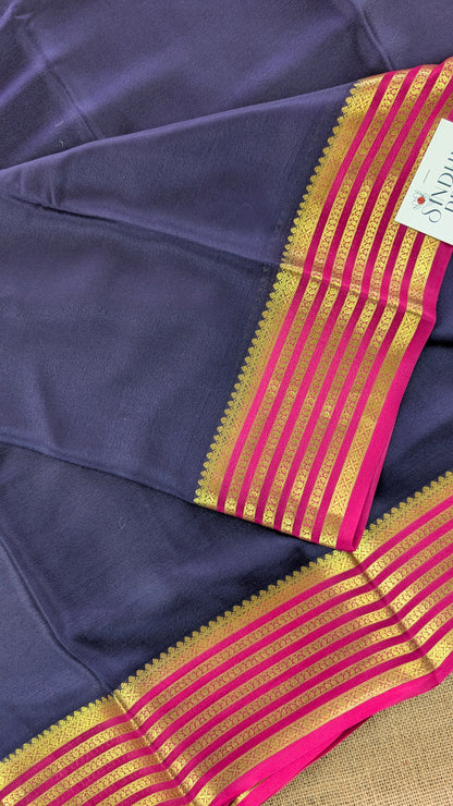 Pure Mysore Silk Crepe - Navy blue with Pink