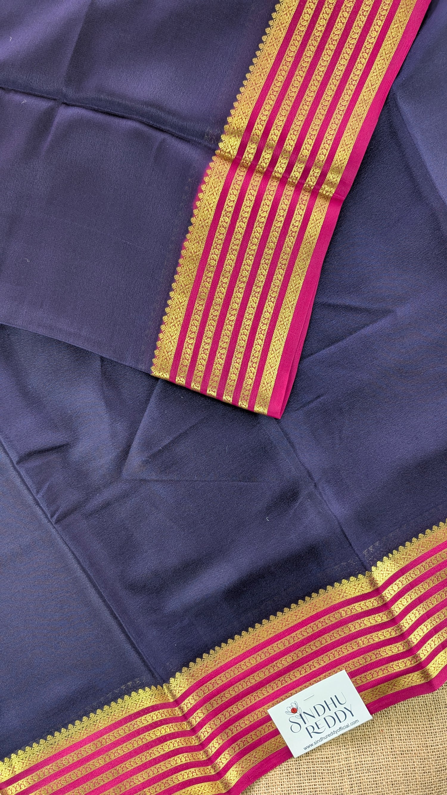 Pure Mysore Silk Crepe - Navy blue with Pink