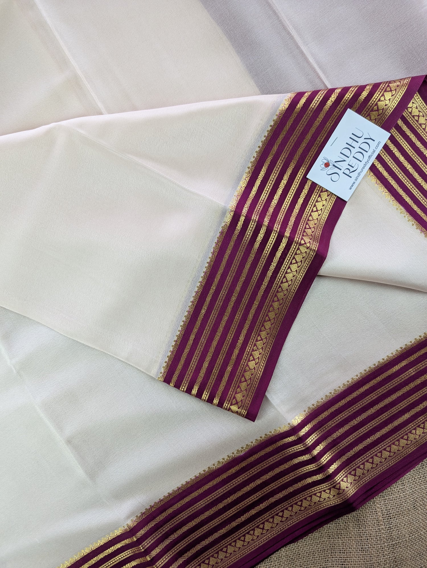 Pure Mysore Silk Crepe - Cream with Purple