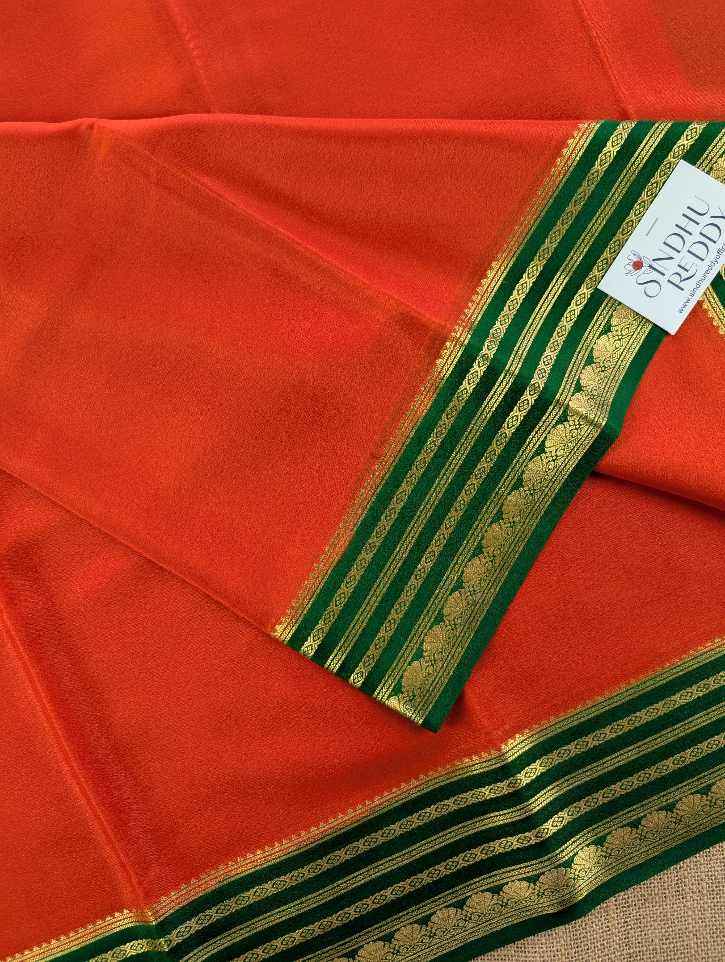 Pure Mysore Silk Crepe - Burnt Orange with Green