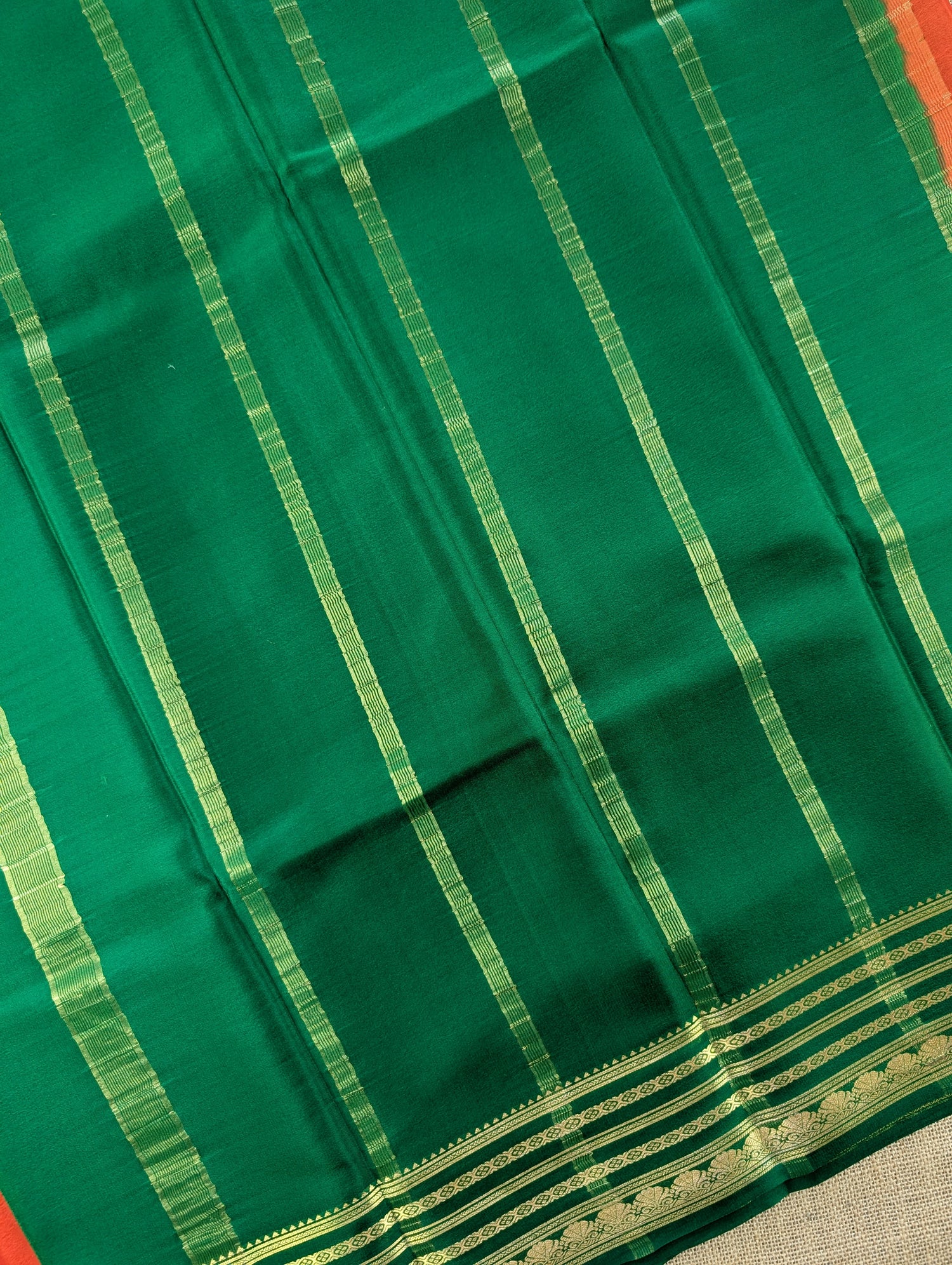 Pure Mysore Silk Crepe - Burnt Orange with Green