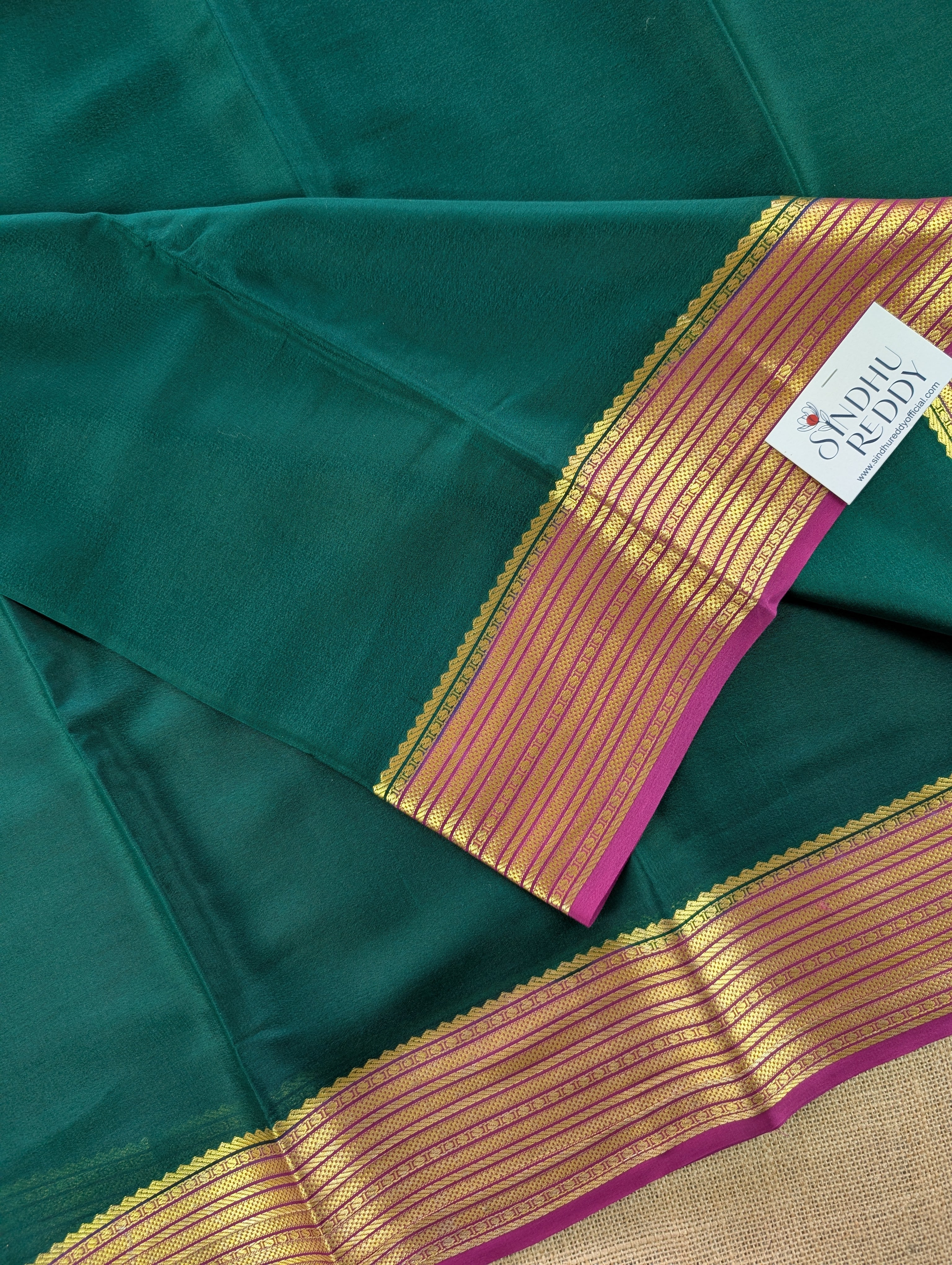 Pure Mysore Silk Crepe - Bottle Green with Purplish Pink