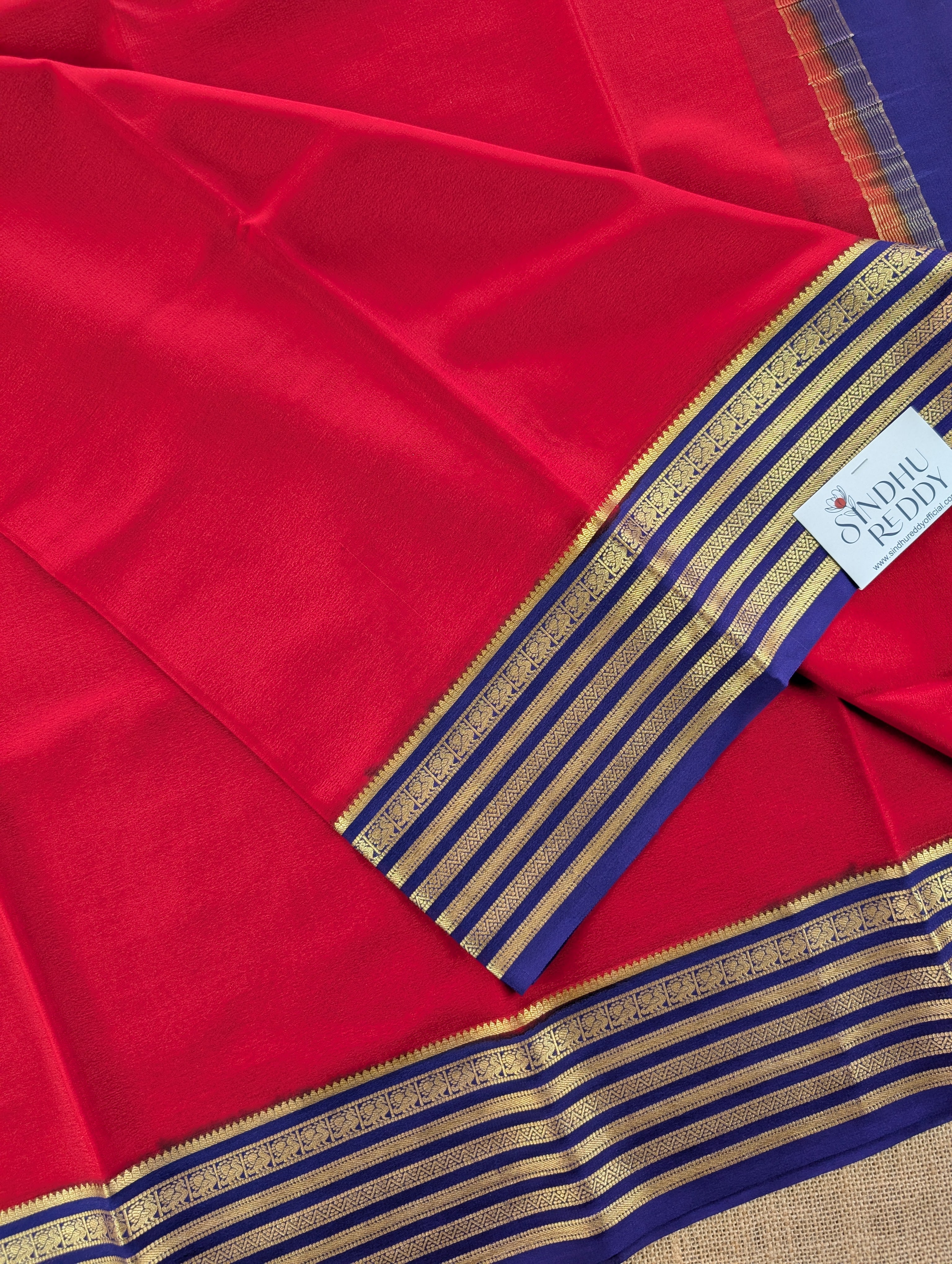 Pure Mysore Silk Crepe - Red wtih Blue