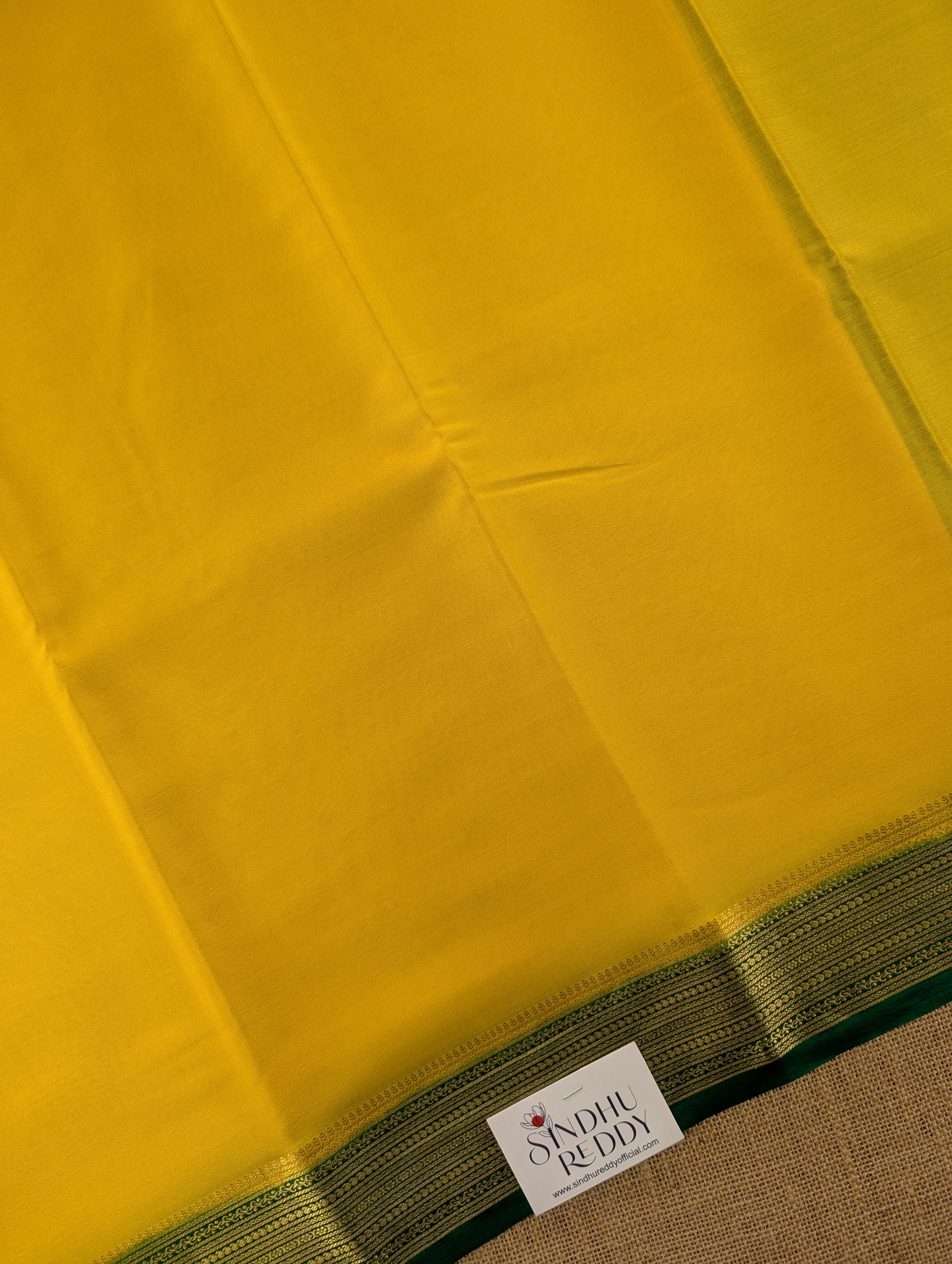 Pure Mysore Silk Crepe - Lemon Yellow with Bottle Green