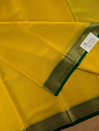 Pure Mysore Silk Crepe - Lemon Yellow with Bottle Green