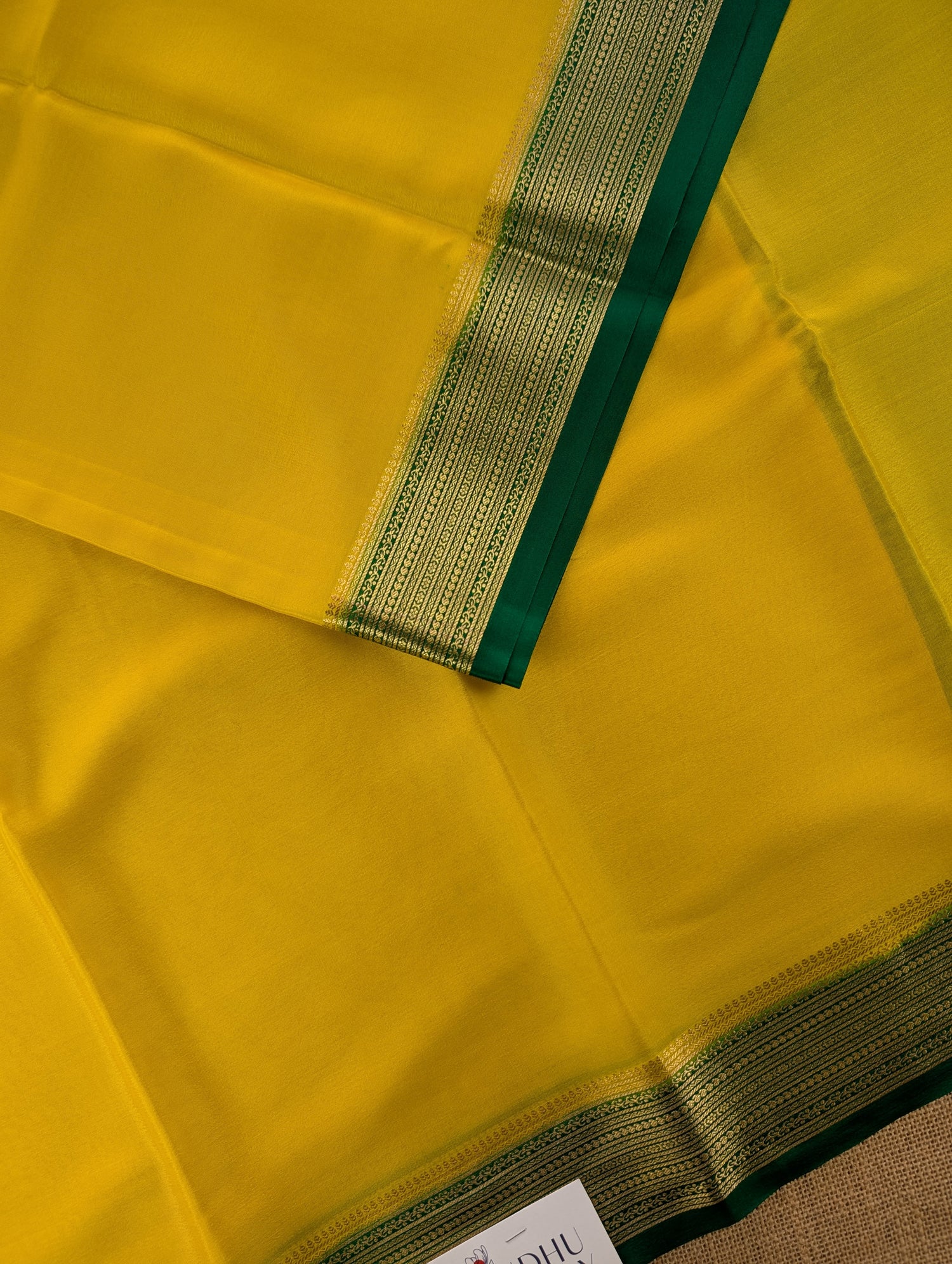 Pure Mysore Silk Crepe - Lemon Yellow with Bottle Green