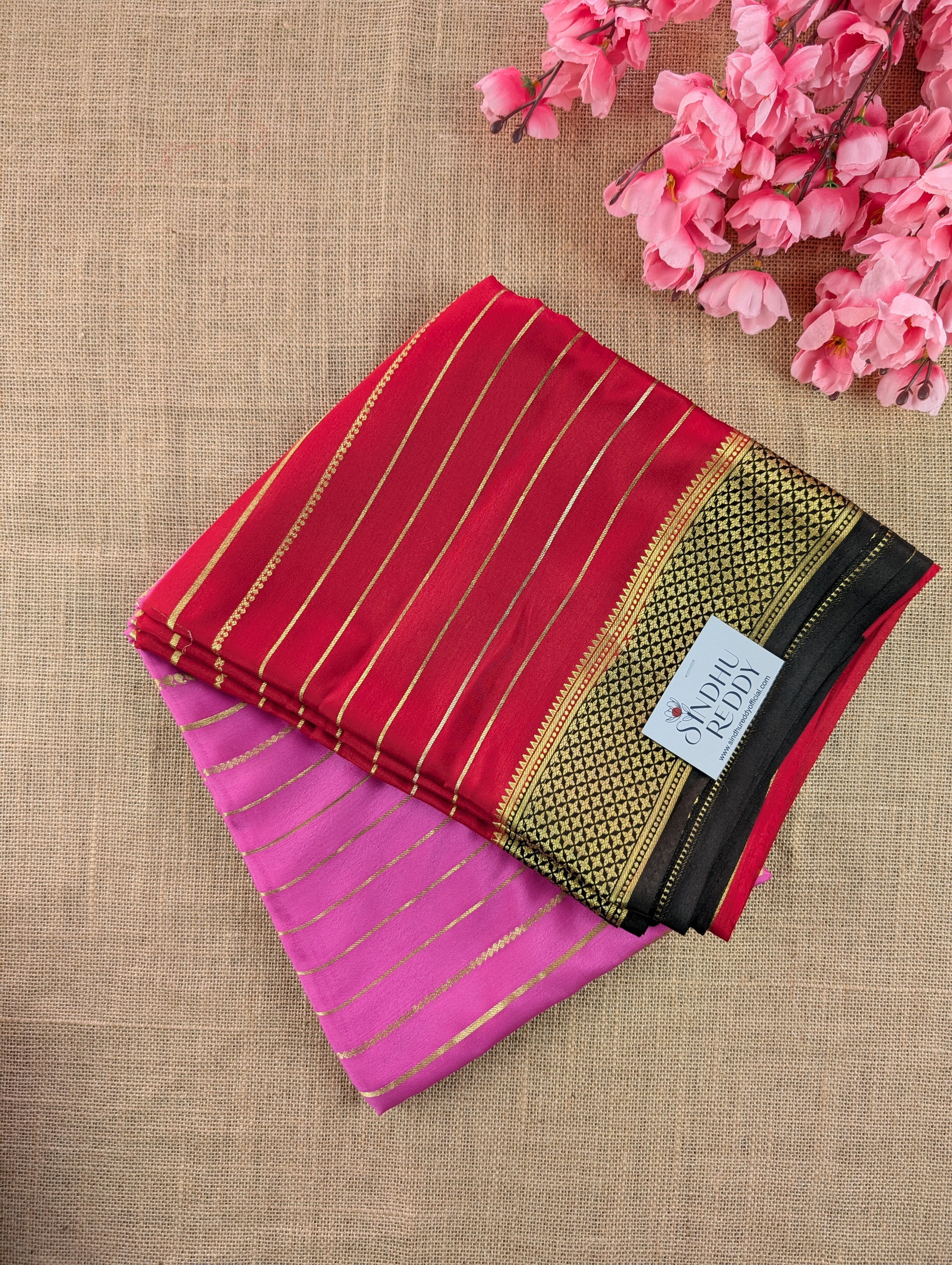 Pure Mysore Silk Crepe - Pink with Red &amp; Black 3D Pattern