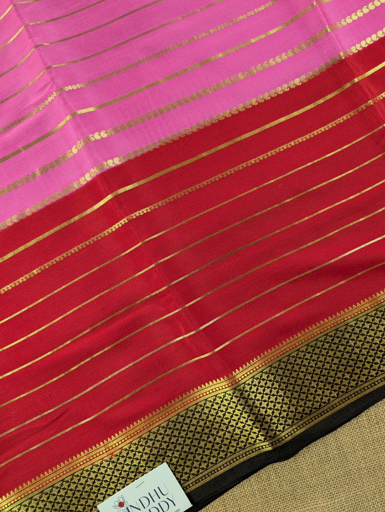 Pure Mysore Silk Crepe - Pink with Red &amp; Black 3D Pattern