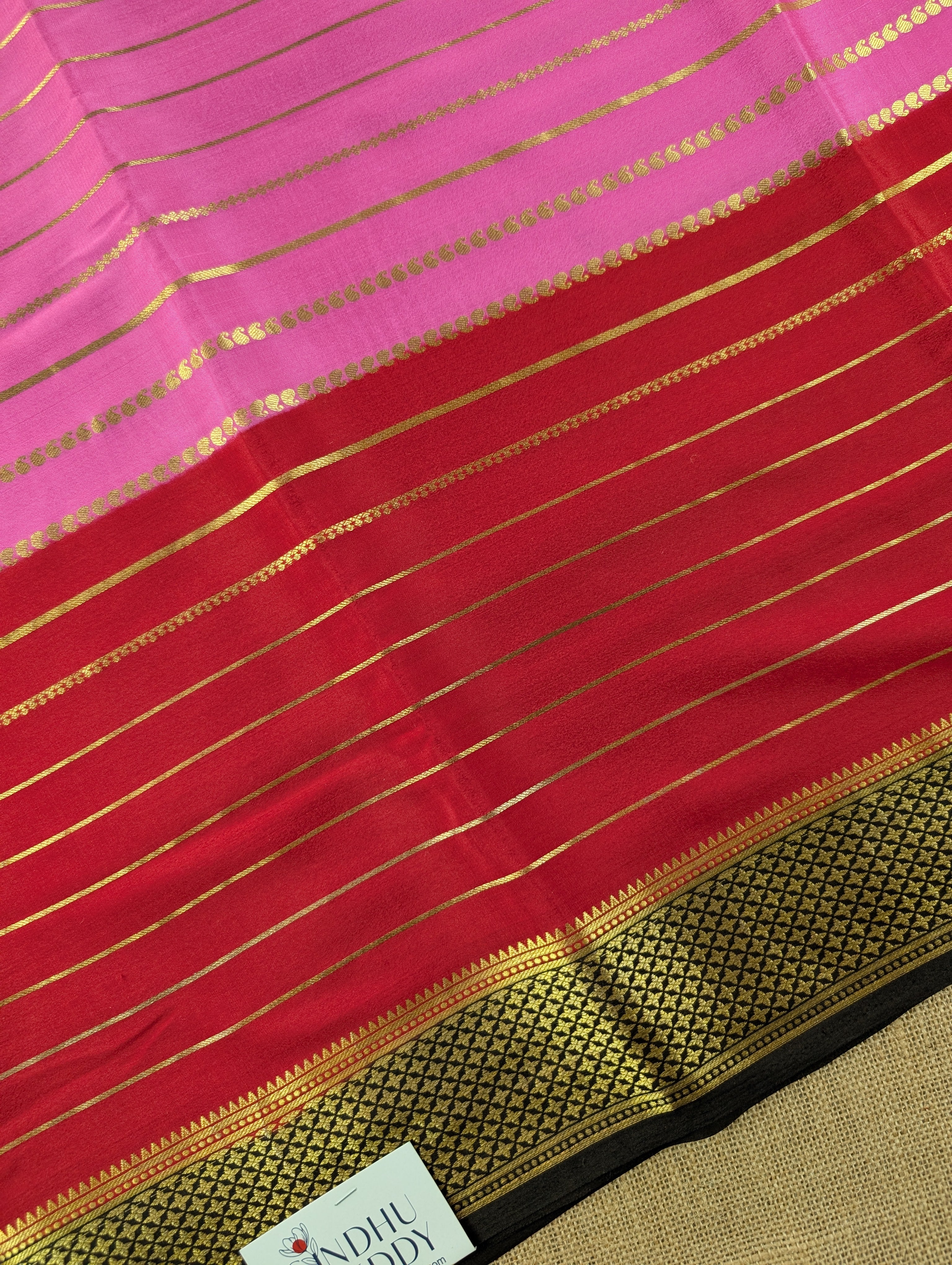 Pure Mysore Silk Crepe - Pink with Red &amp; Black 3D Pattern