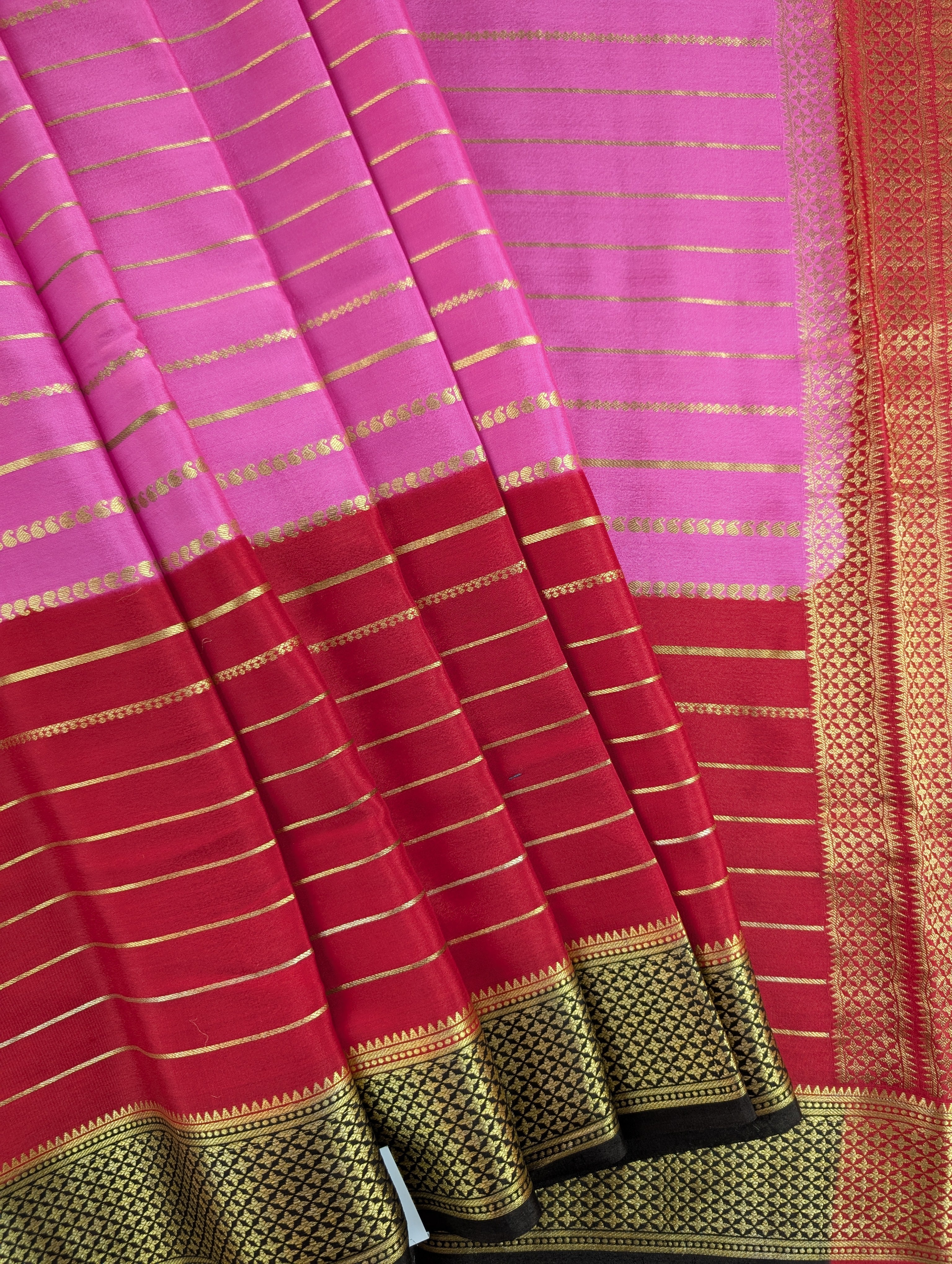 Pure Mysore Silk Crepe - Pink with Red &amp; Black 3D Pattern