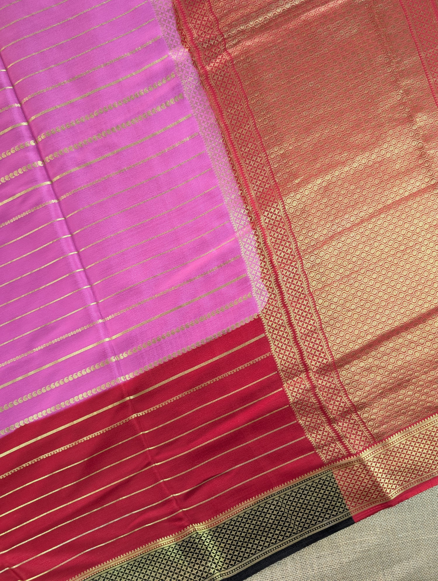 Pure Mysore Silk Crepe - Pink with Red &amp; Black 3D Pattern