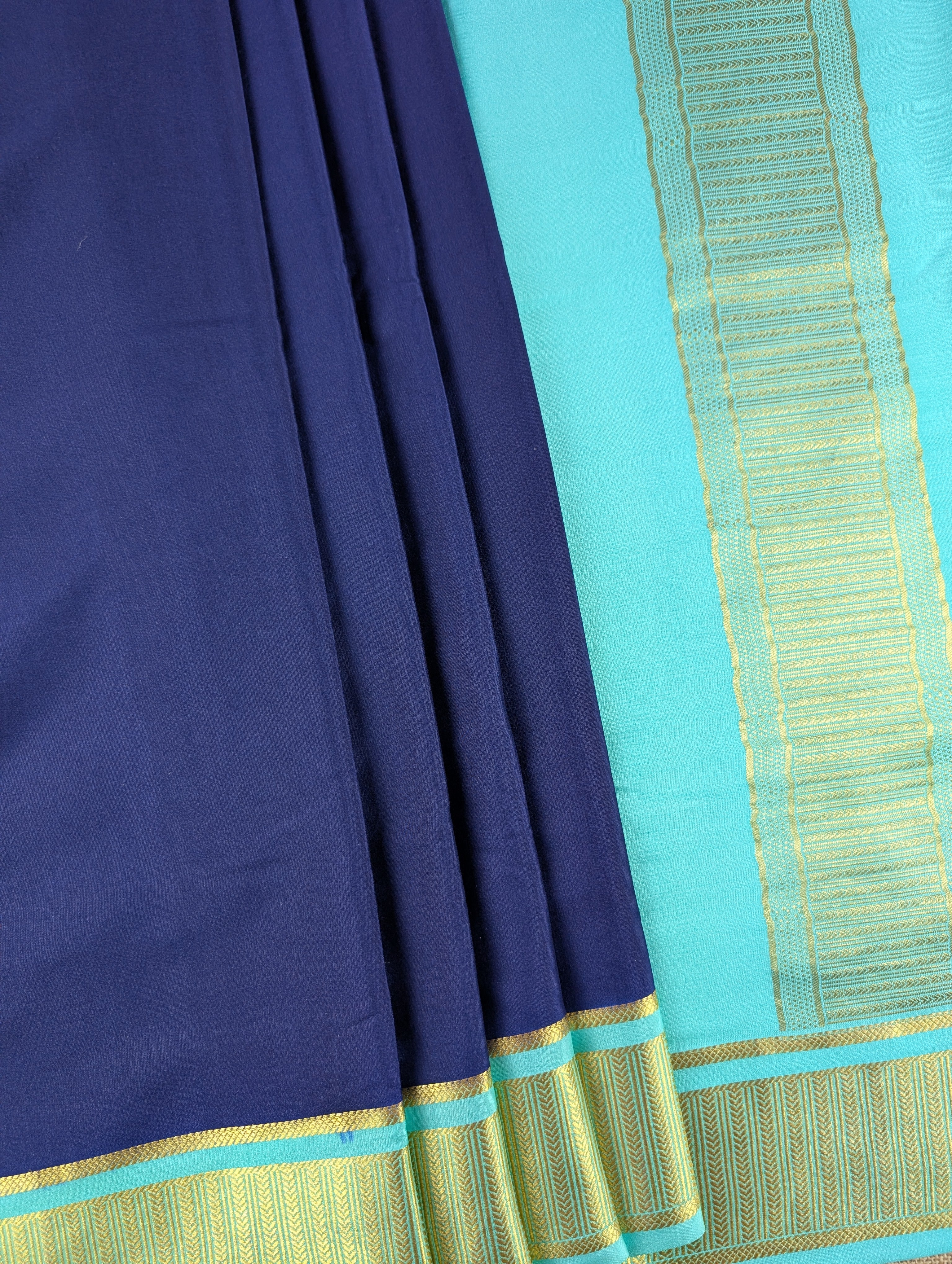 Pure Mysore Silk Crepe - Dark Blue with Turquoise Blue