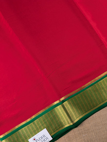 Pure Mysore Silk Crepe - Pinkish Red with Green