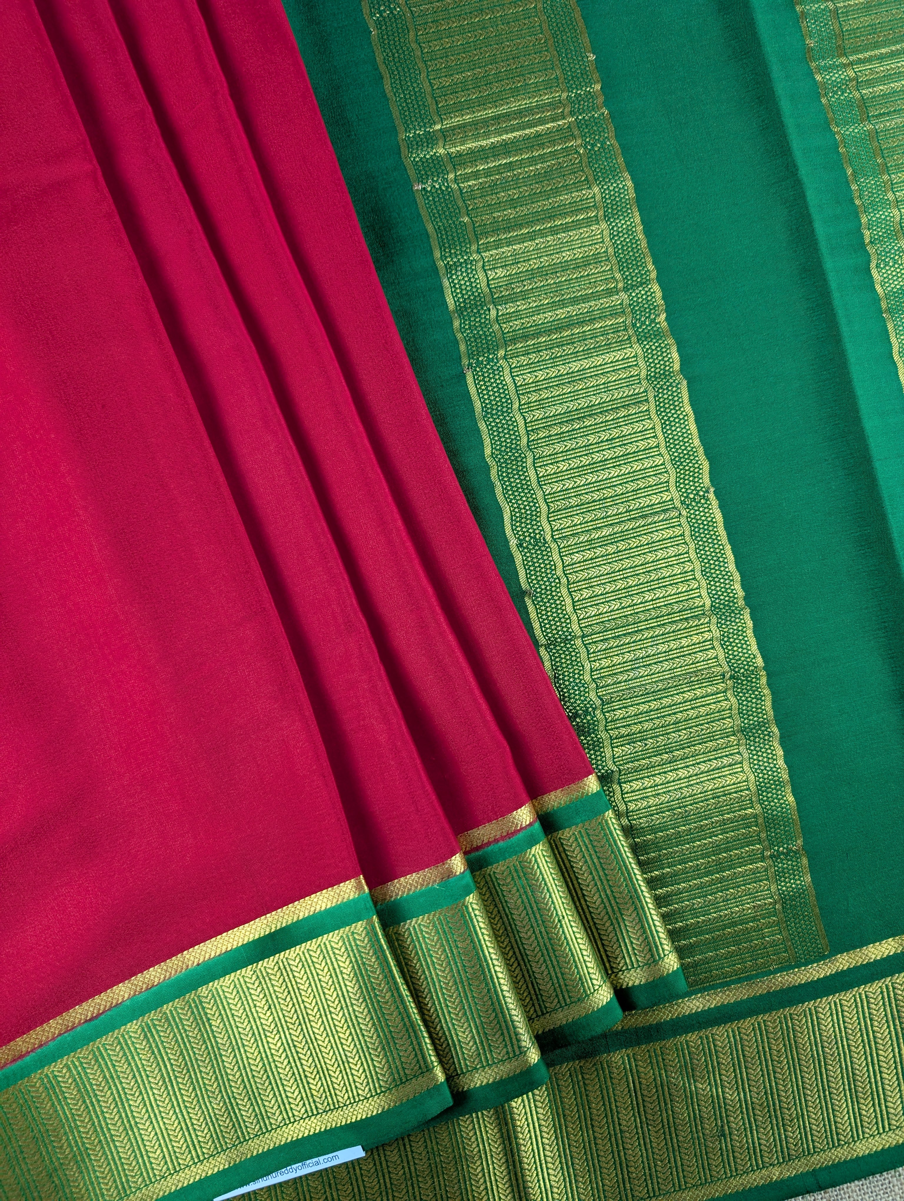 Pure Mysore Silk Crepe - Pinkish Red with Green