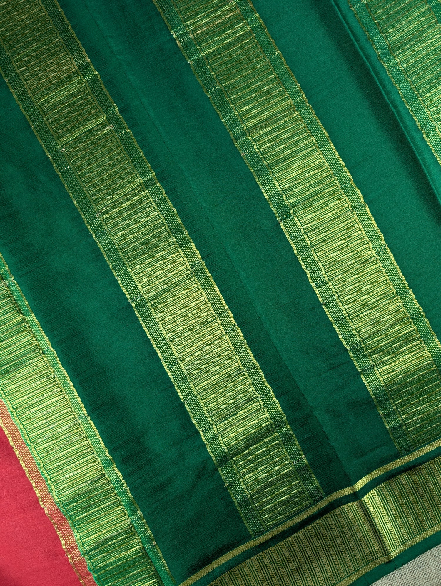 Pure Mysore Silk Crepe - Pinkish Red with Green