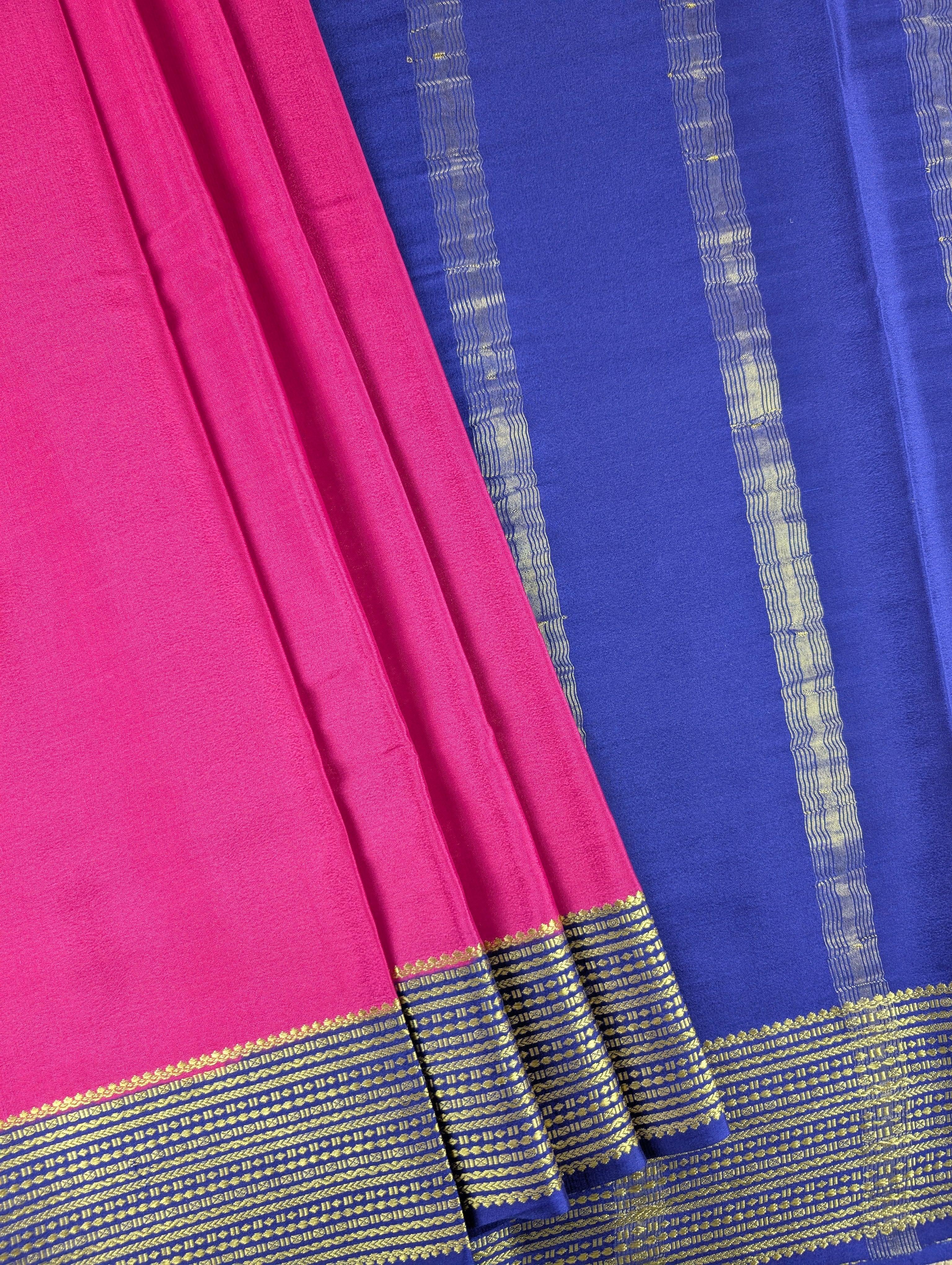 Pure Mysore Silk Crepe - Rani Pink with Blue