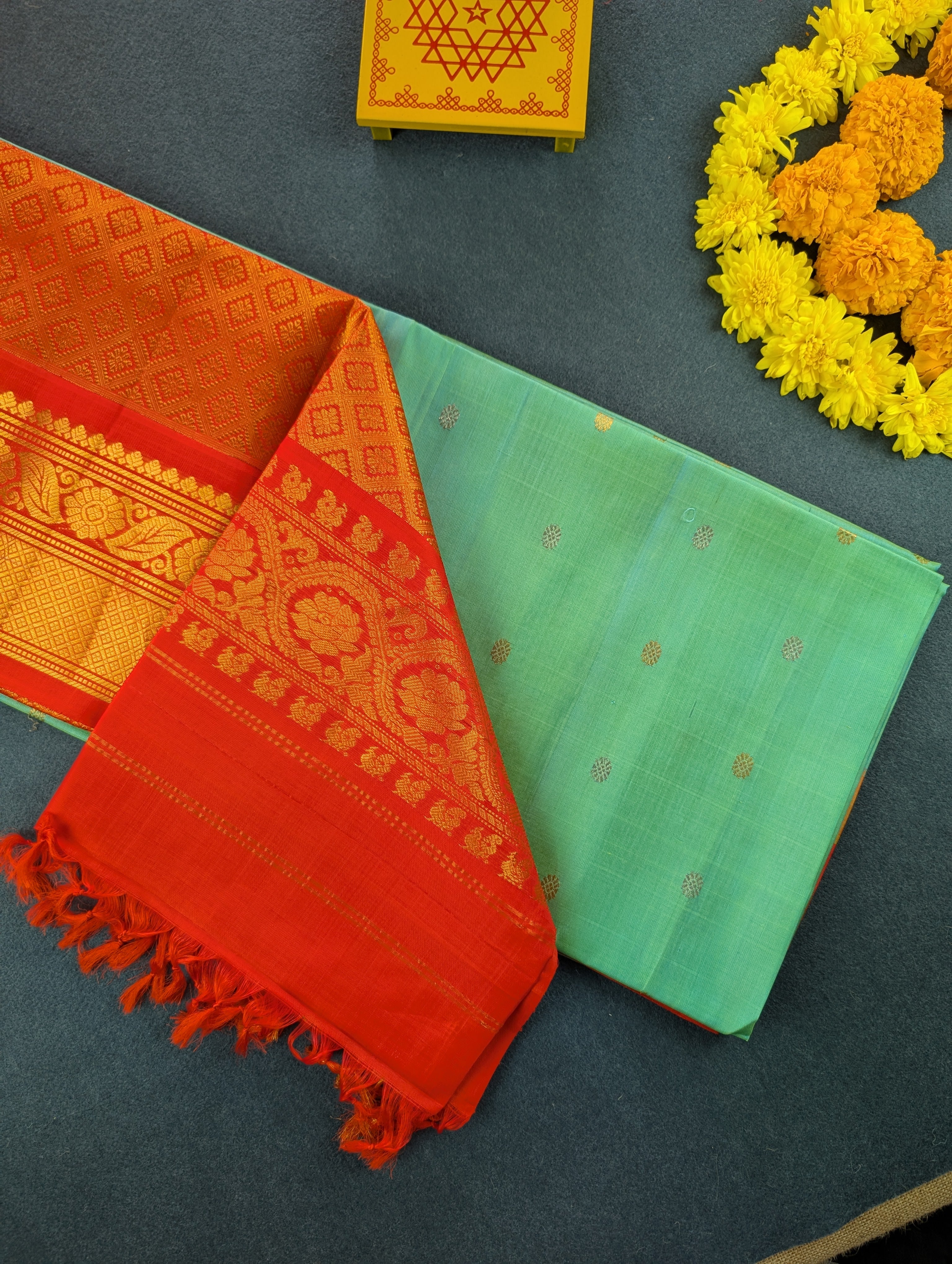 Pure Handloom Gadwal - Aqua Blue with Red Border