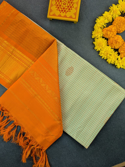 Pure Handloom Gadwal - Pastel Blue with Orange Border