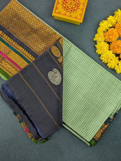 Pure Linen Gadwal - Pastel Green with Deep Blue