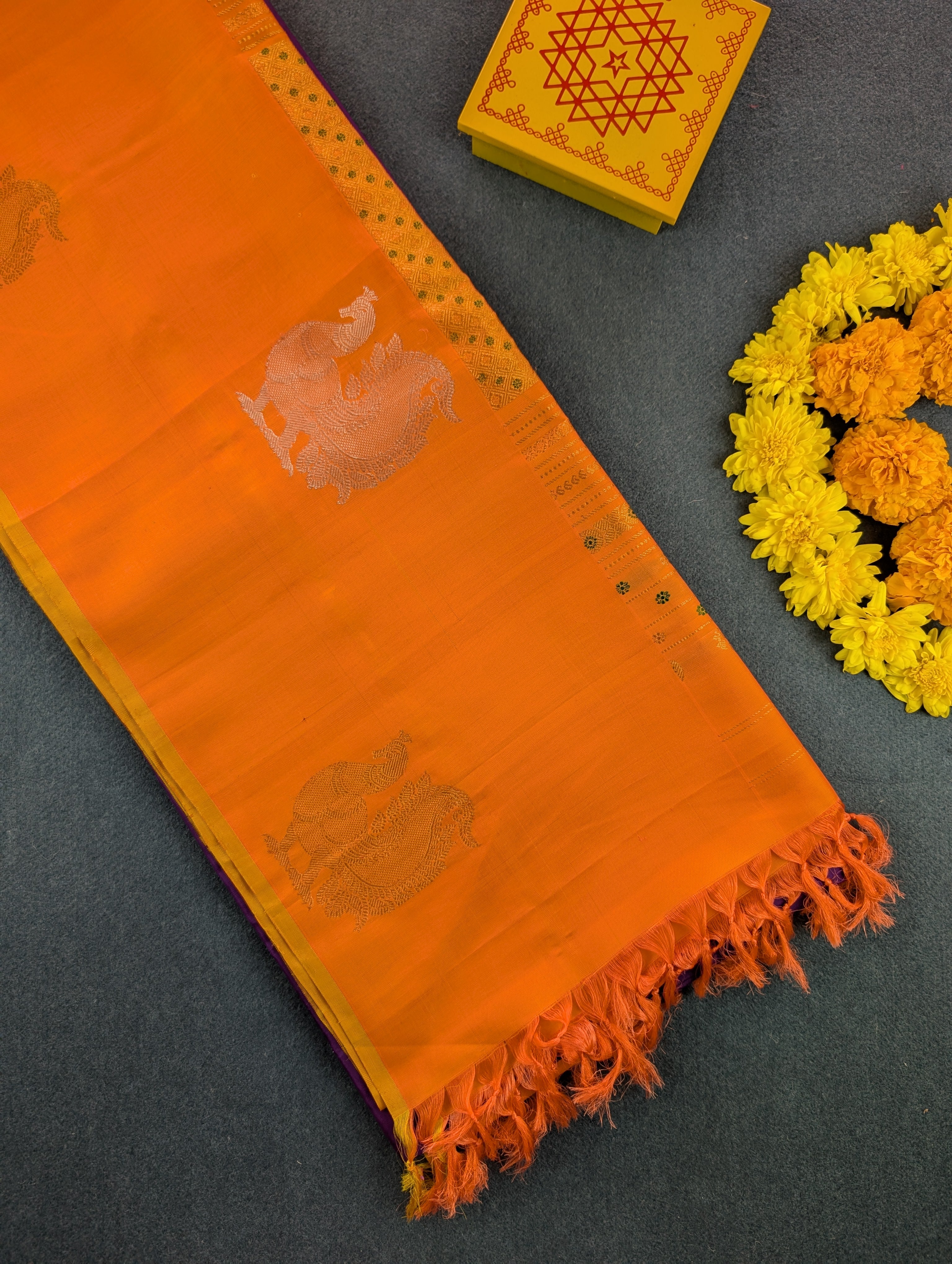 Pure Handloom Gadwal - Royal Purple with Orange