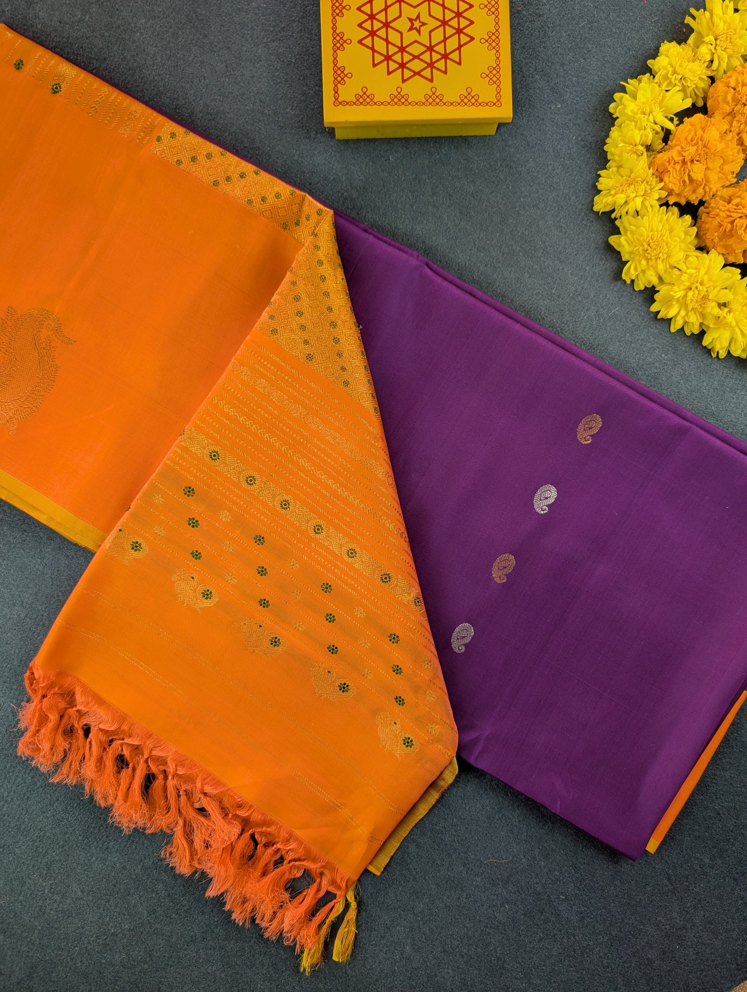 Pure Handloom Gadwal - Royal Purple with Orange