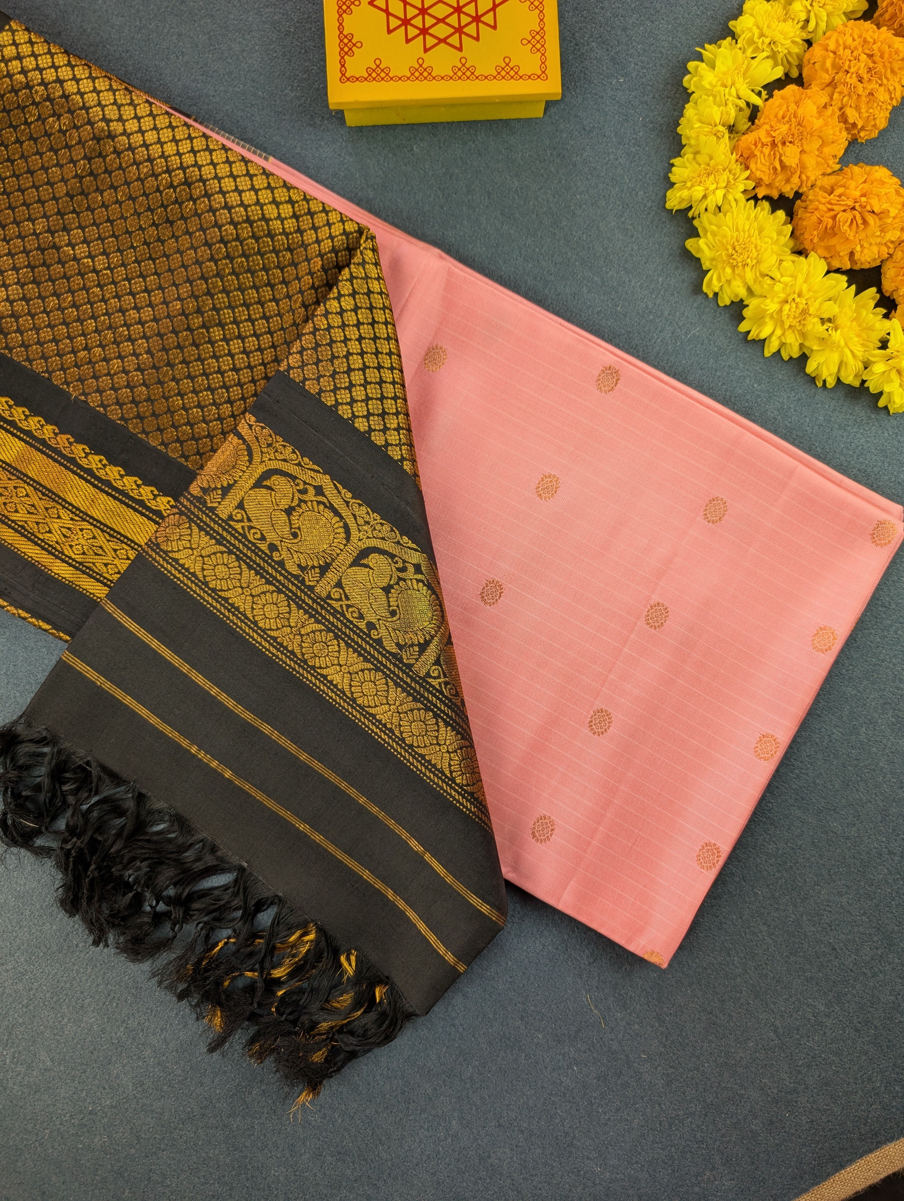 Pure Handloom Gadwal - Soft Pastel Pink with Black