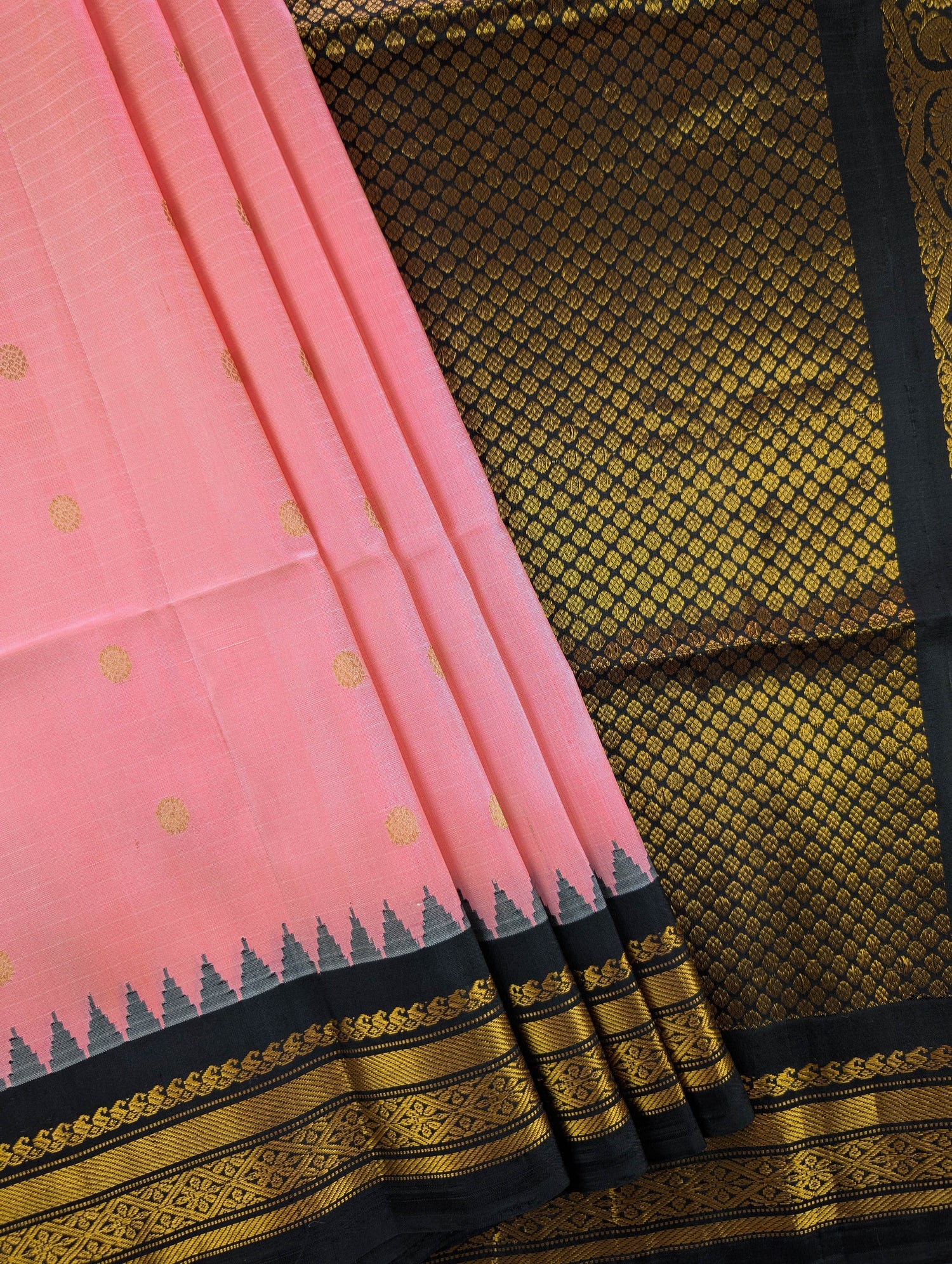 Pure Handloom Gadwal - Soft Pastel Pink with Black