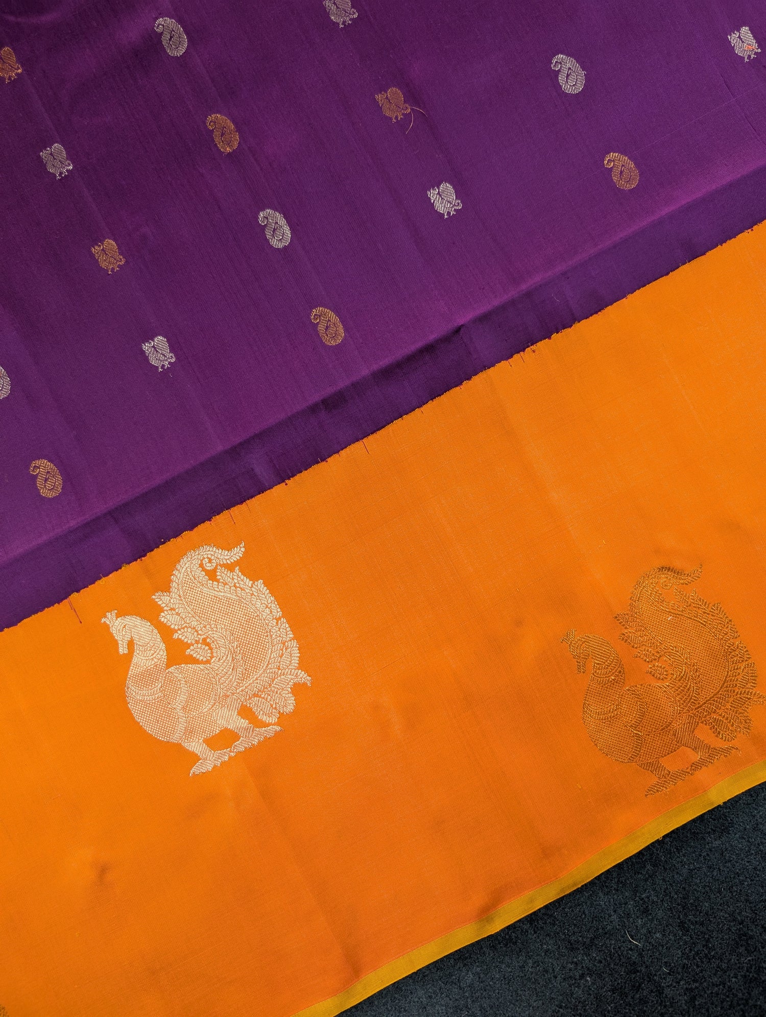 Pure Handloom Gadwal - Royal Purple with Orange