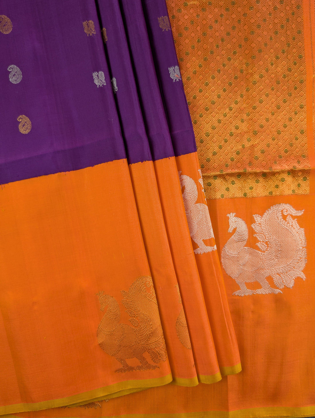 Pure Handloom Gadwal - Royal Purple with Orange