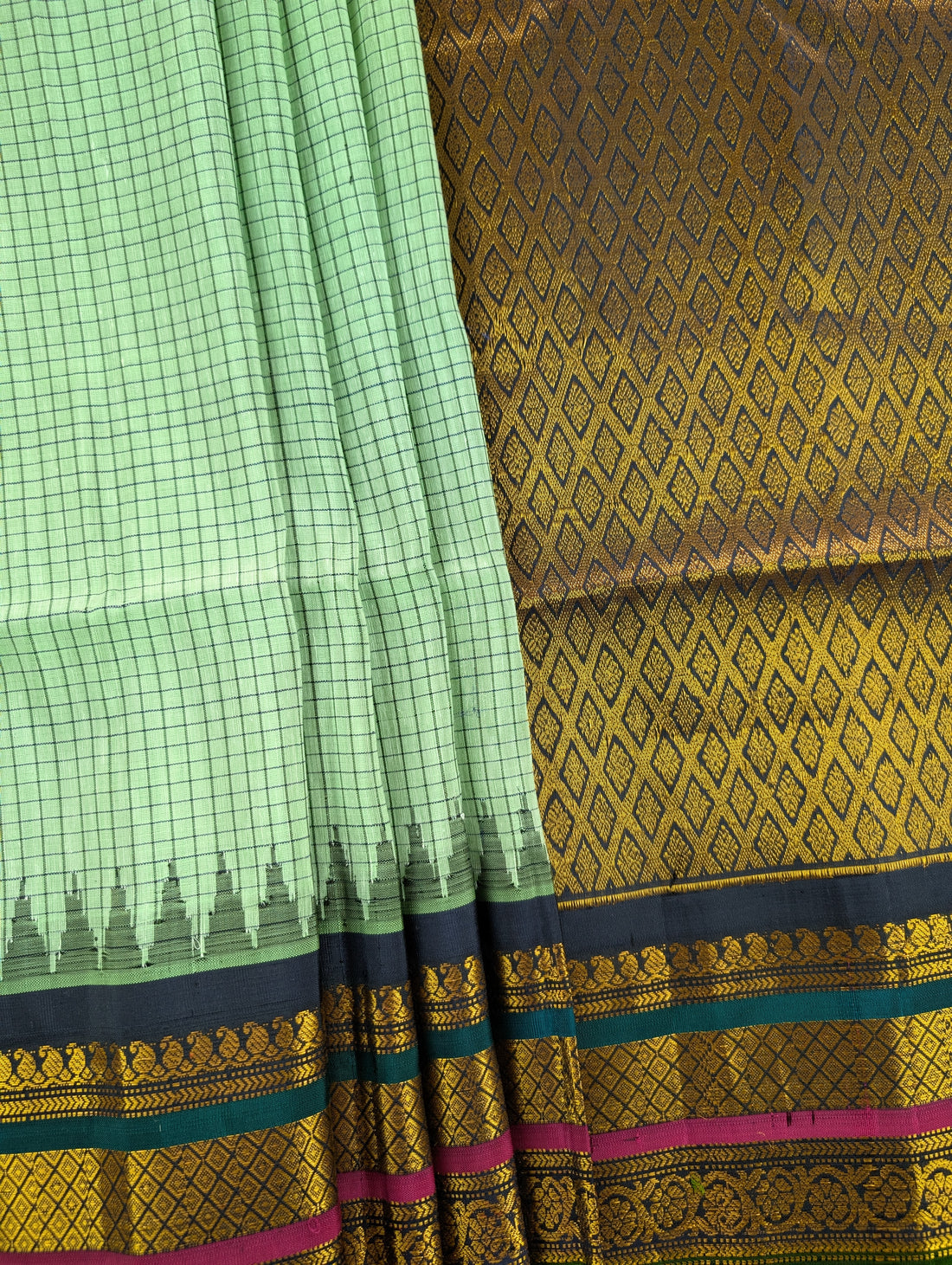 Pure Linen Gadwal - Pastel Green with Deep Blue