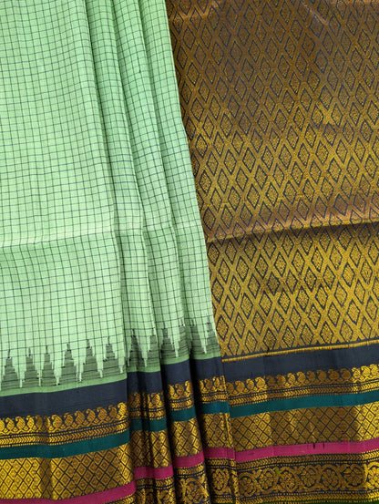 Pure Linen Gadwal - Pastel Green with Deep Blue