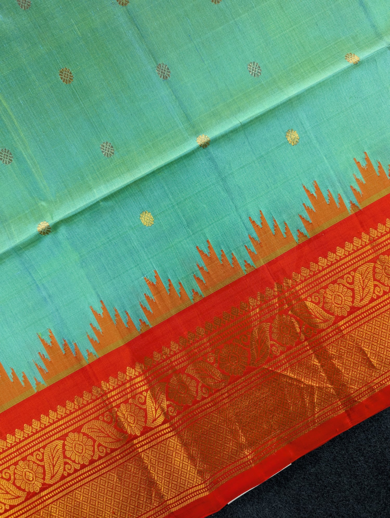 Pure Handloom Gadwal - Aqua Blue with Red Border