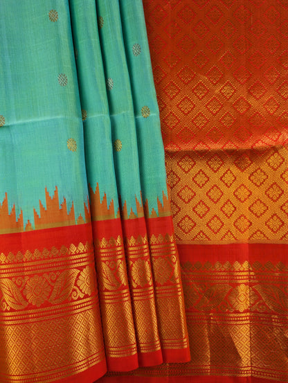 Pure Handloom Gadwal - Aqua Blue with Red Border