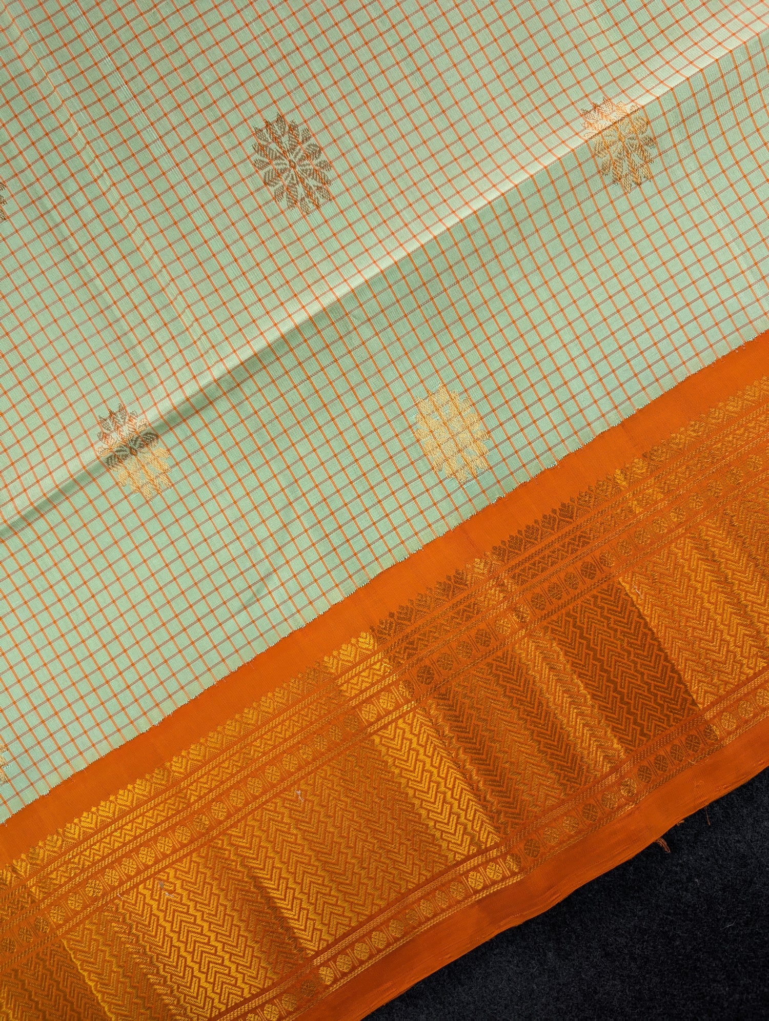 Pure Handloom Gadwal - Pastel Blue with Orange Border