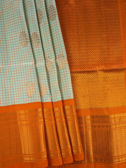 Pure Handloom Gadwal - Pastel Blue with Orange Border