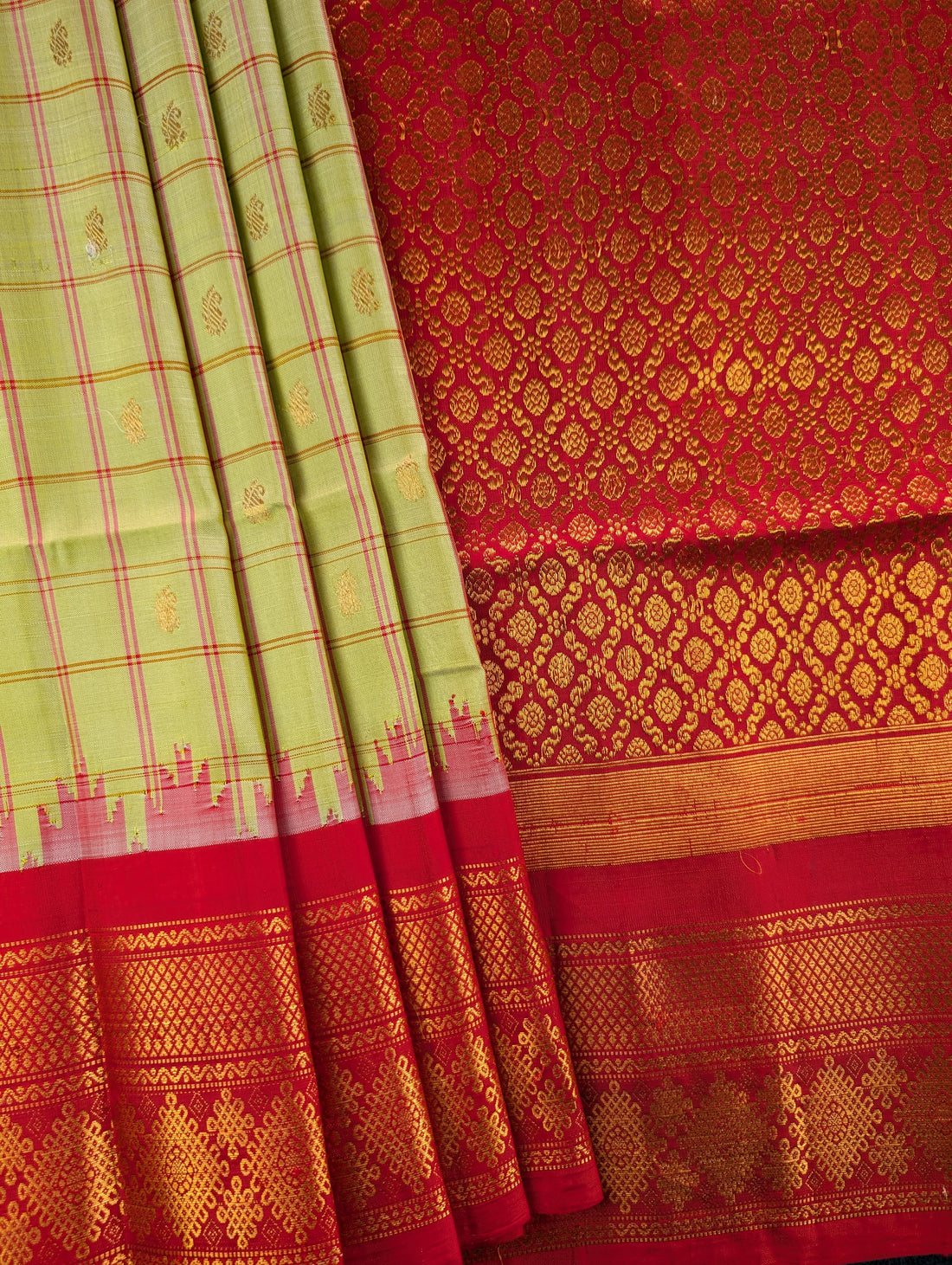 Pure Handloom Gadwal - Pastel Green with Red Border