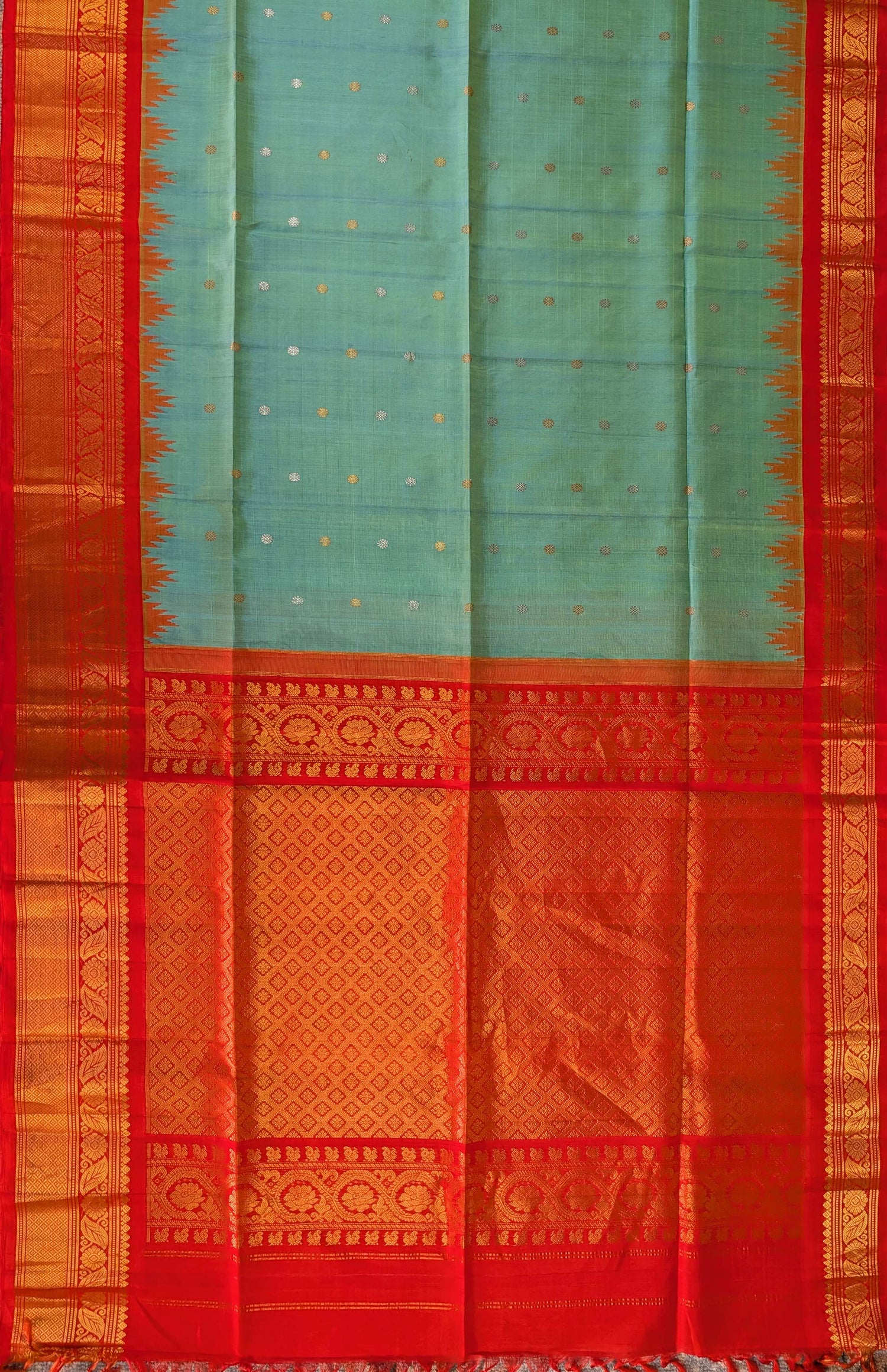 Pure Handloom Gadwal - Aqua Blue with Red Border