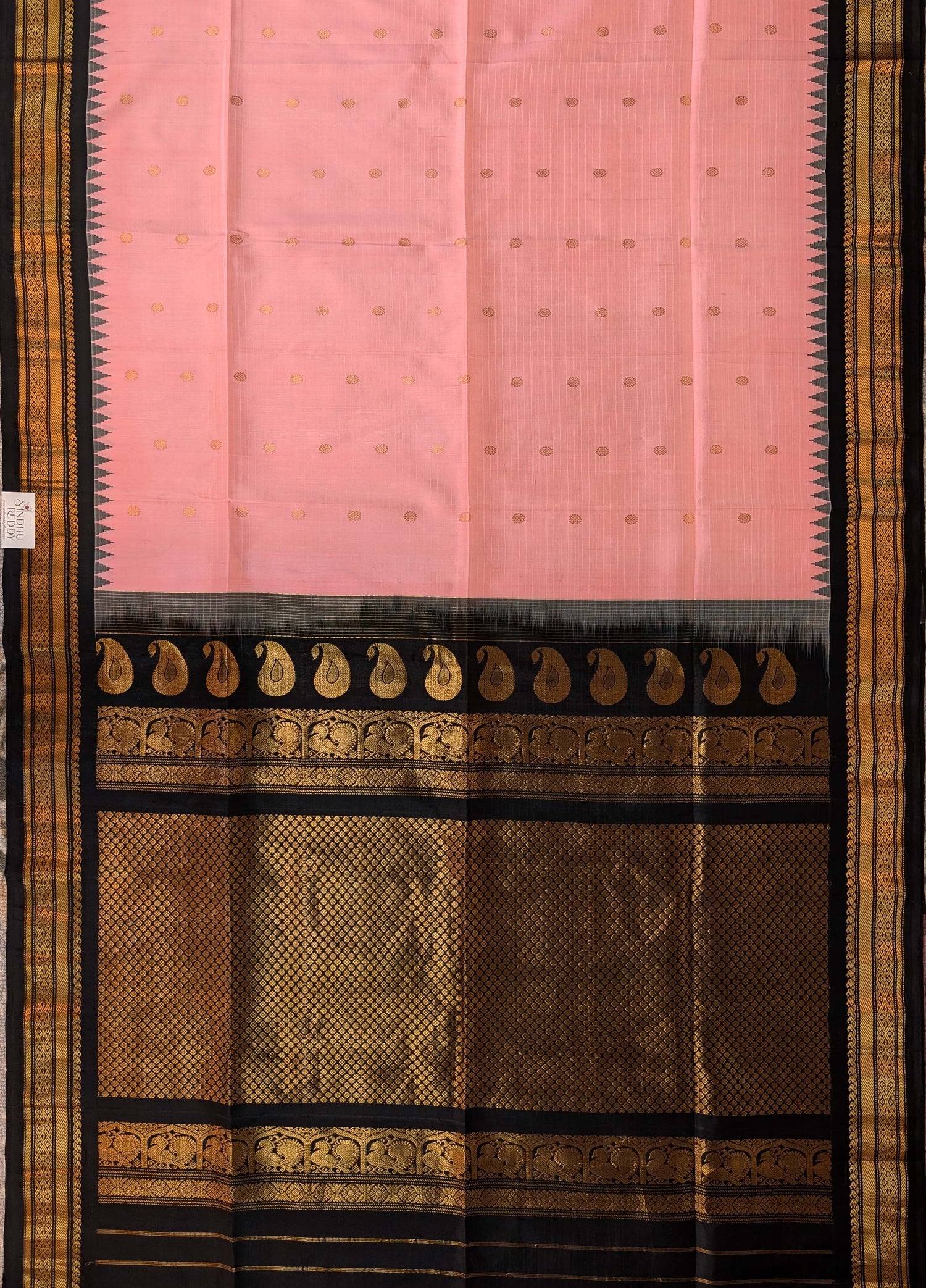 Pure Handloom Gadwal - Soft Pastel Pink with Black